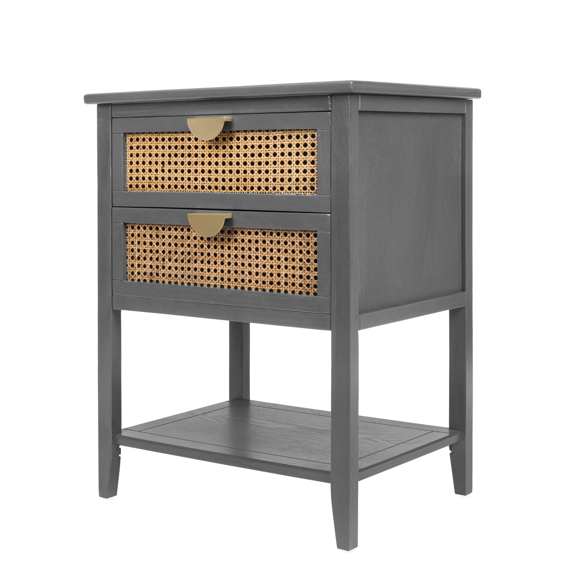 Gray cane accent nightstand with two drawers and brass pulls