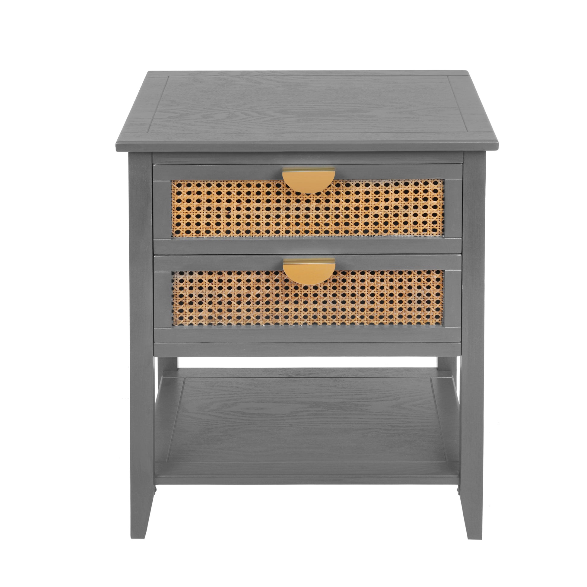 Gray wood nightstand with two canefront drawers and gold pulls