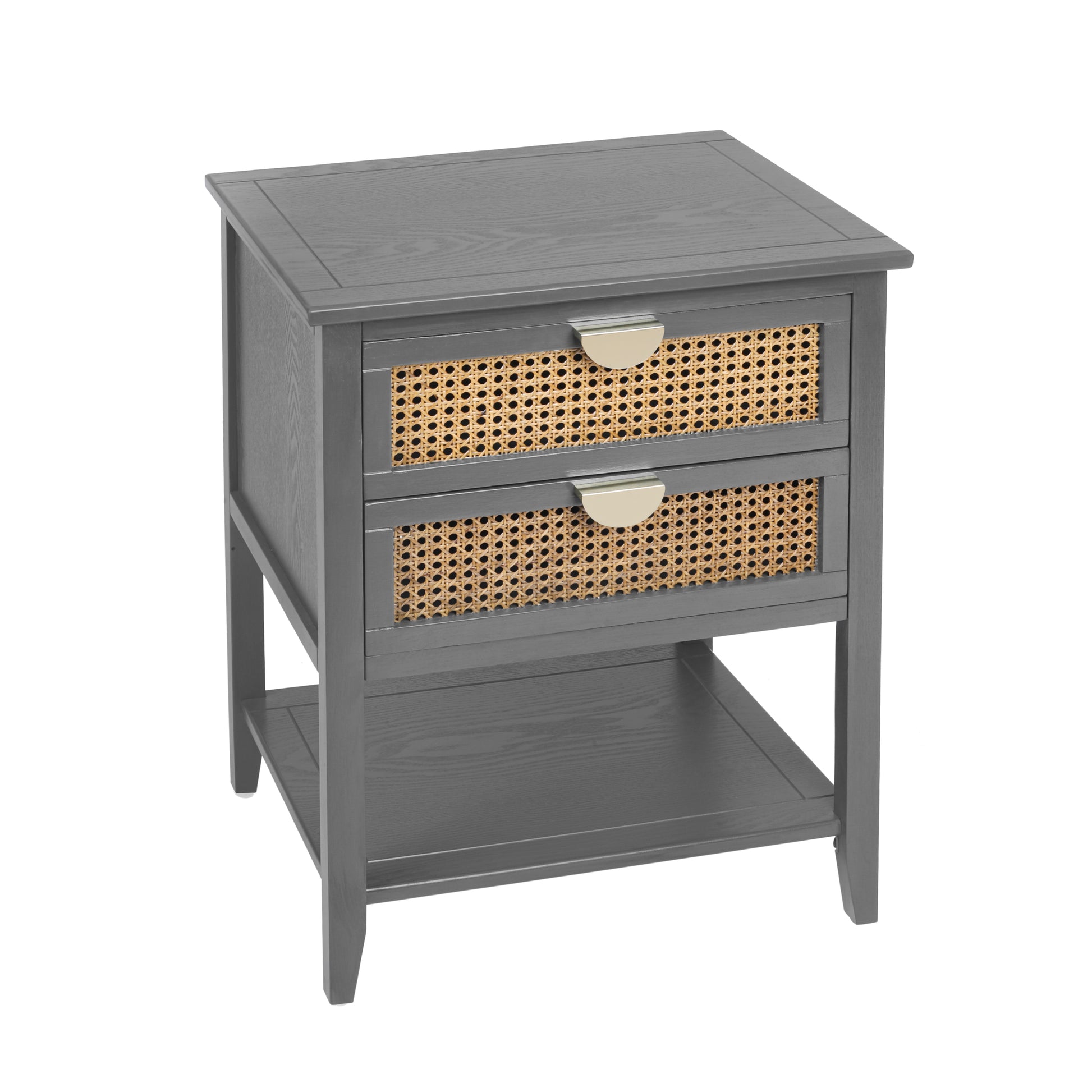 Grey wood nightstand with cane drawer fronts and gold pulls