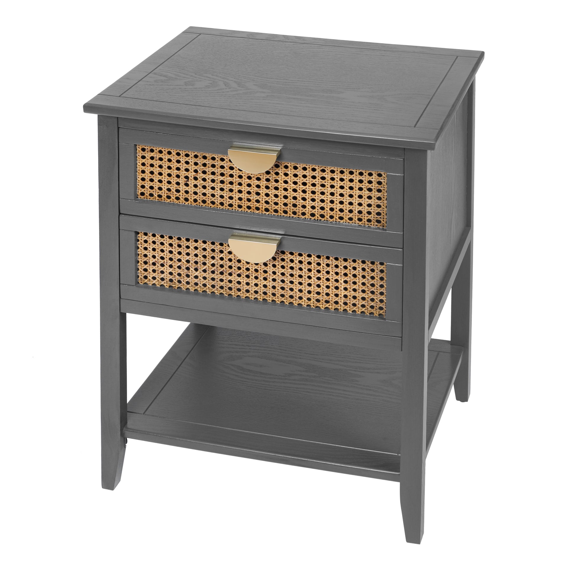 Grey wood nightstand with two rattan cane drawers and brass handles