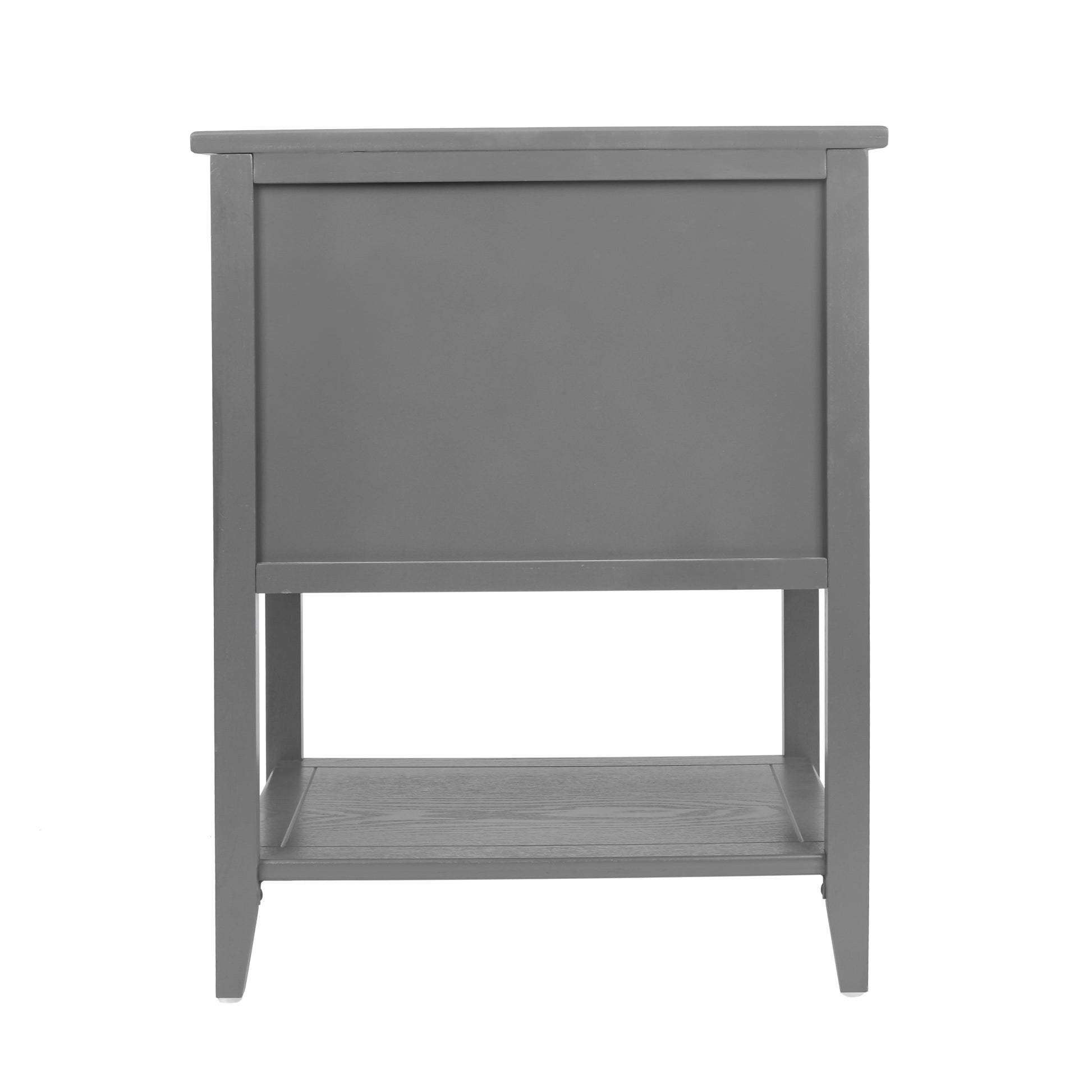 Gray wooden nightstand with two open shelves
