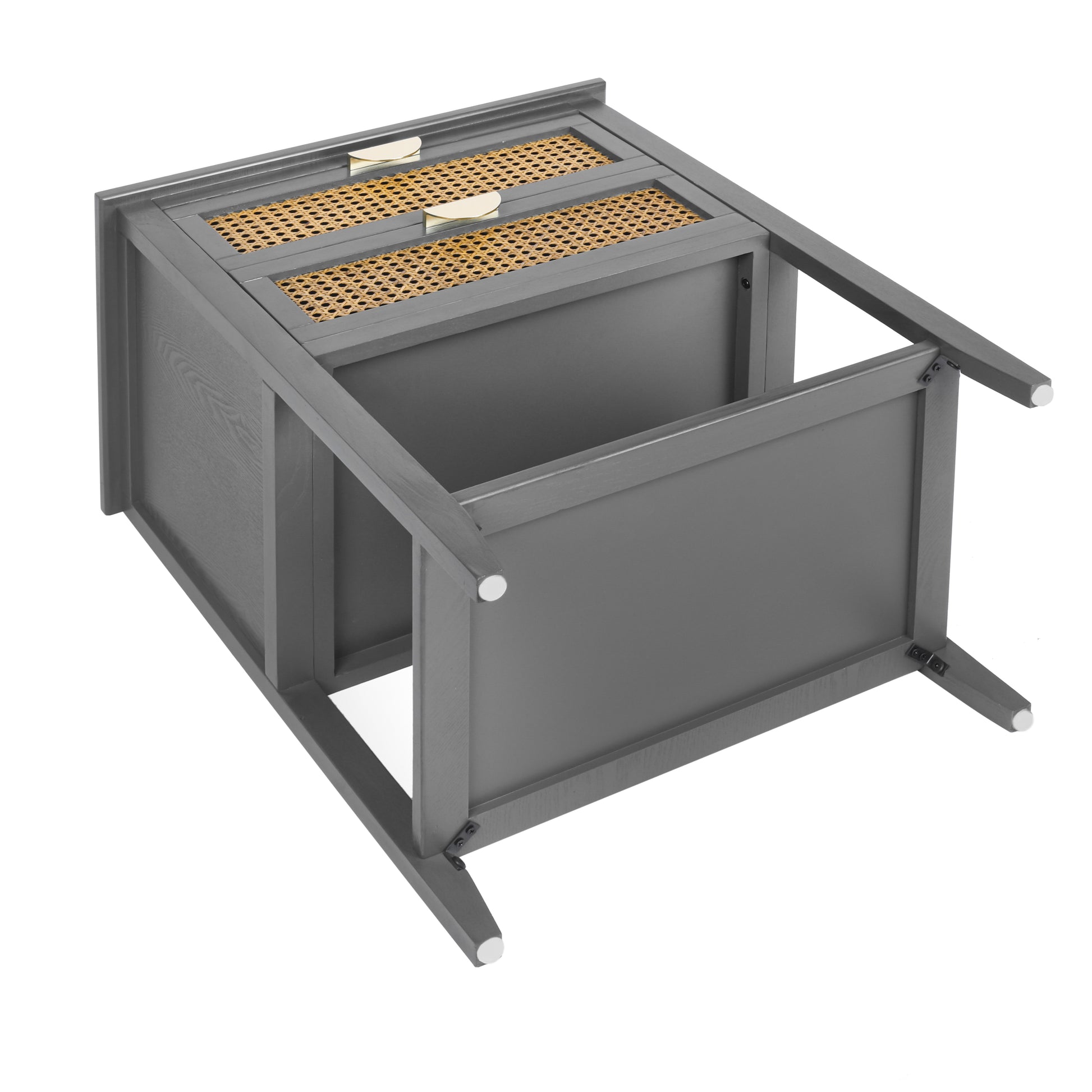 Gray woven cane side table with brass drawer pulls
