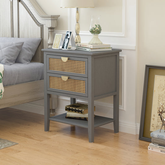 Gray wood nightstand with two canefront drawers and gold pulls