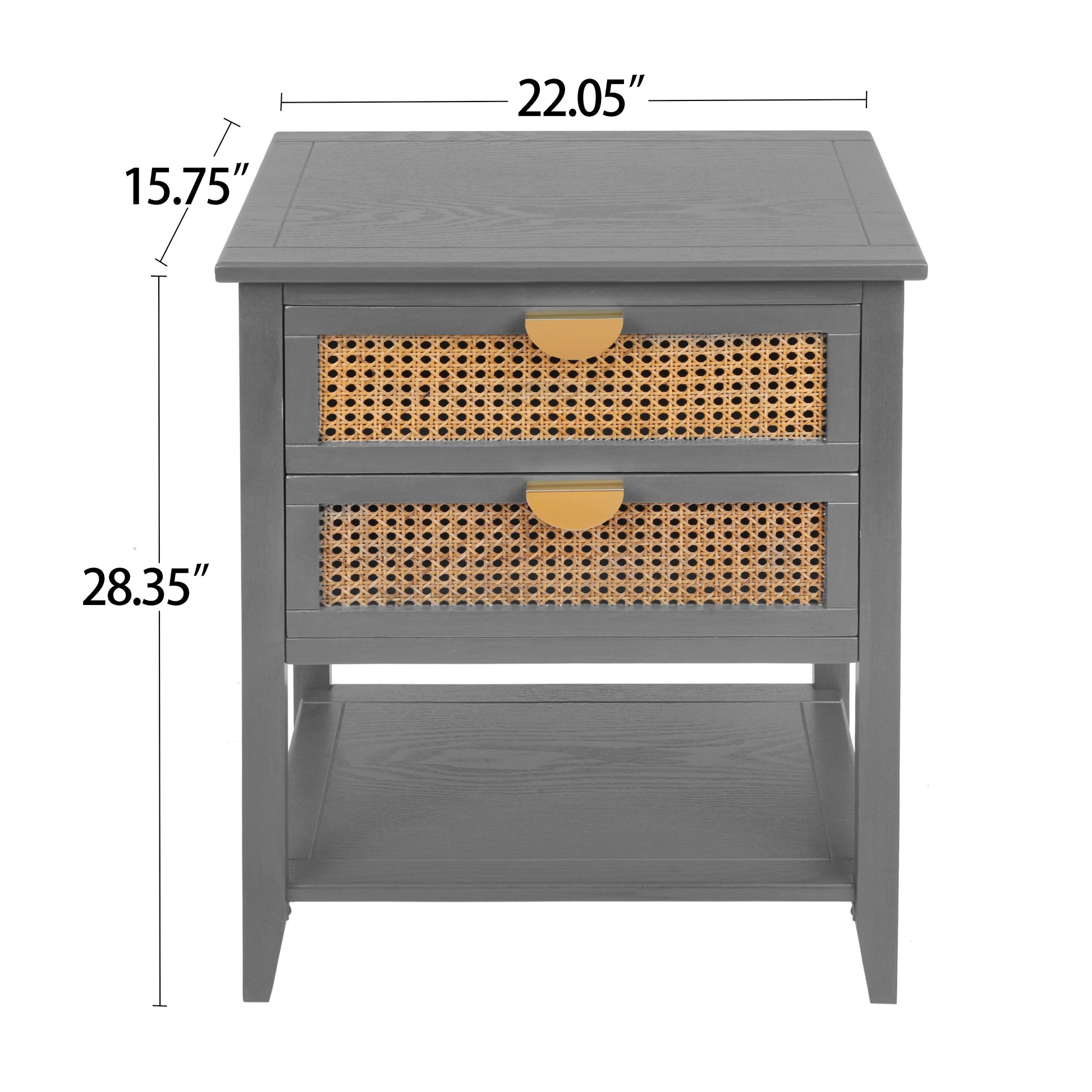 Grey wood nightstand with two canepaneled drawers and gold hardware