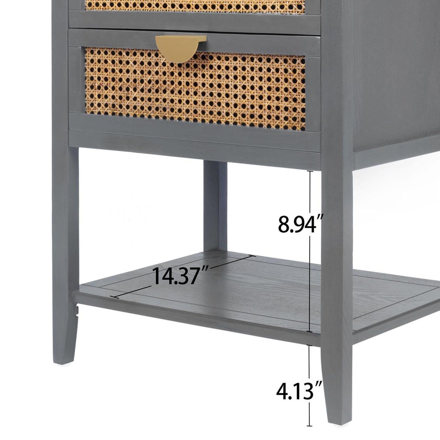 Grey cane accent nightstand with gold drawer pull