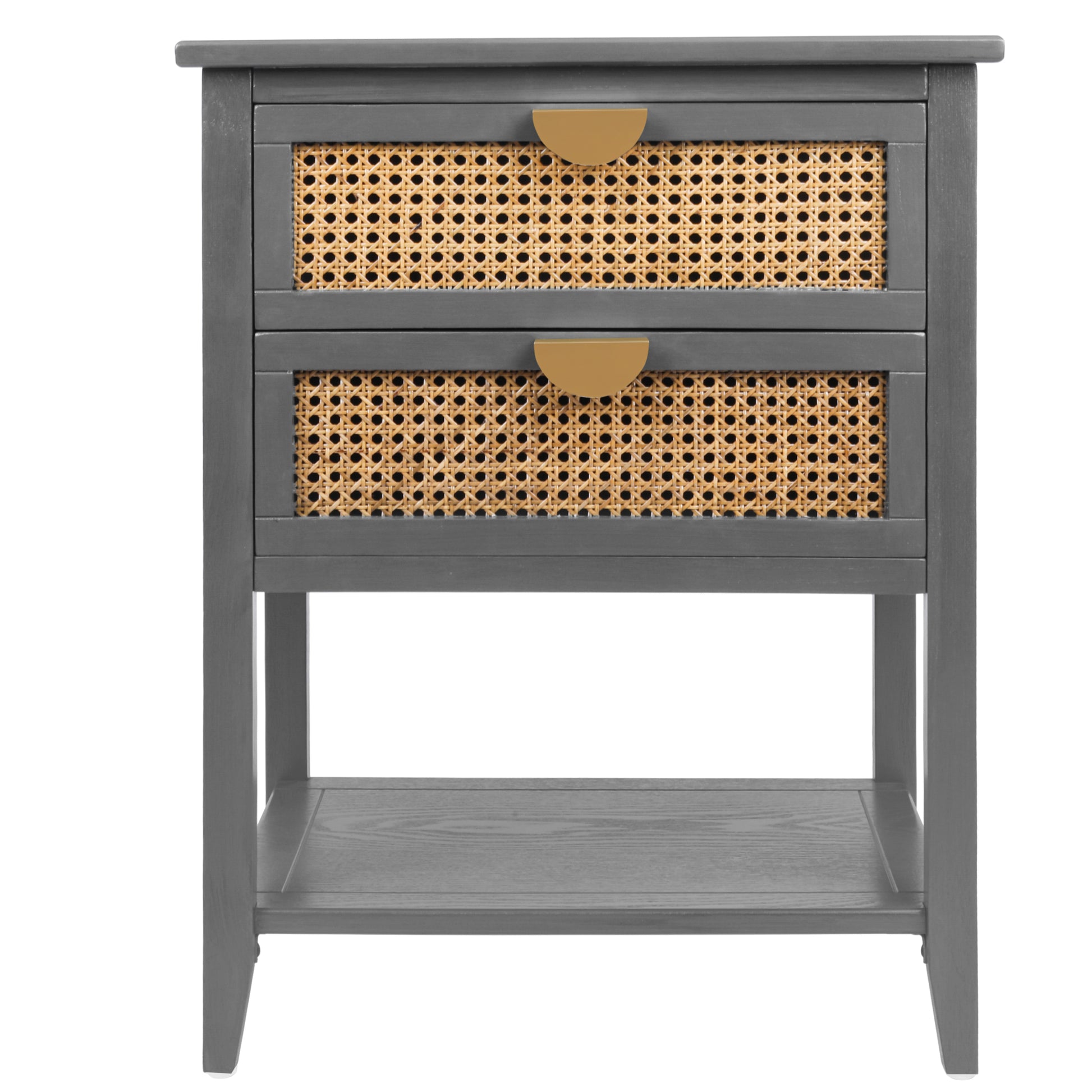 Gray bedside table with cane detailing and gold semicircle handles