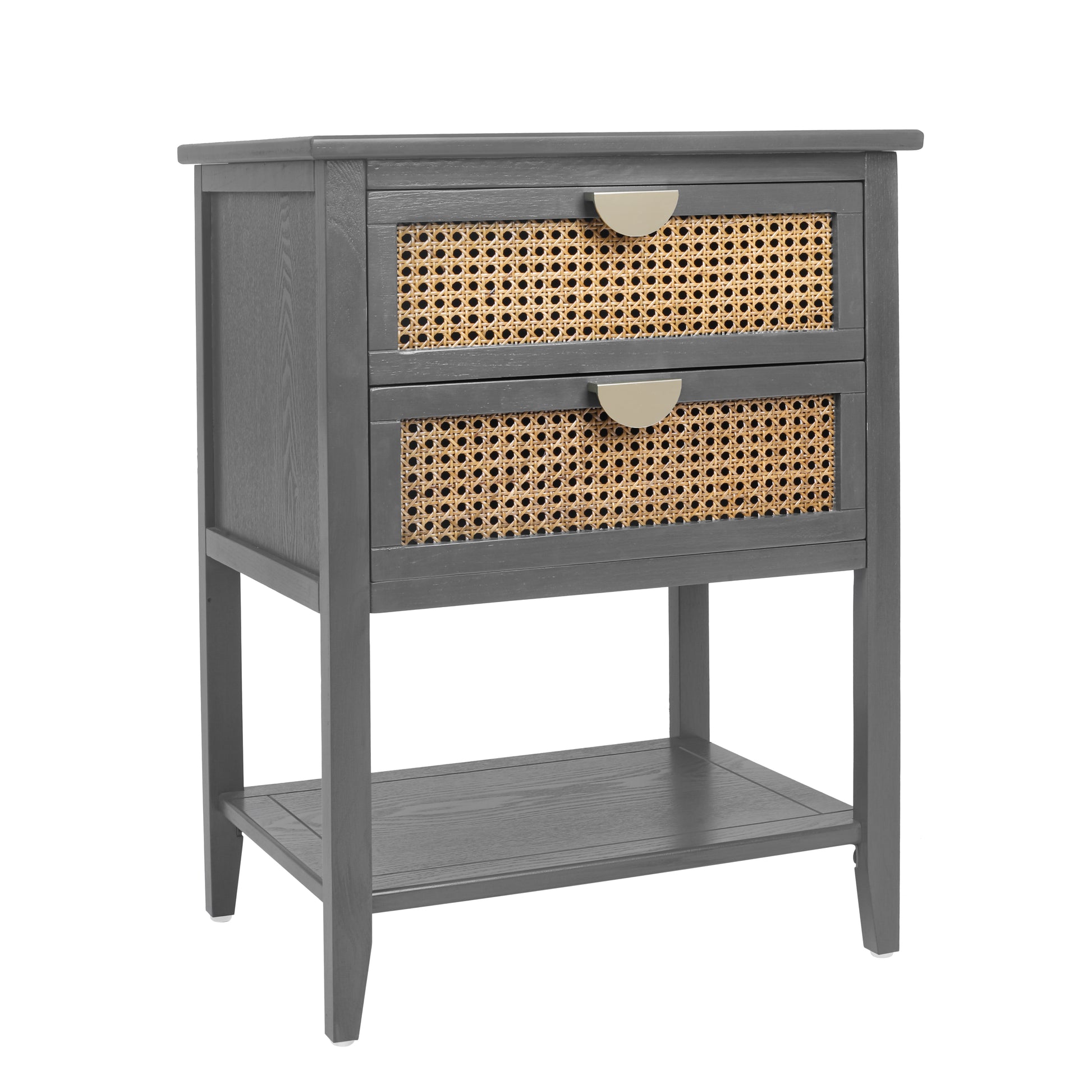 Gray wooden nightstand with two rattan cane drawers and gold pulls