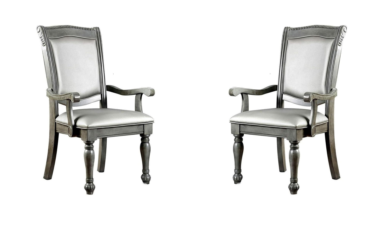 Gray upholstered dining chair with carved wood details