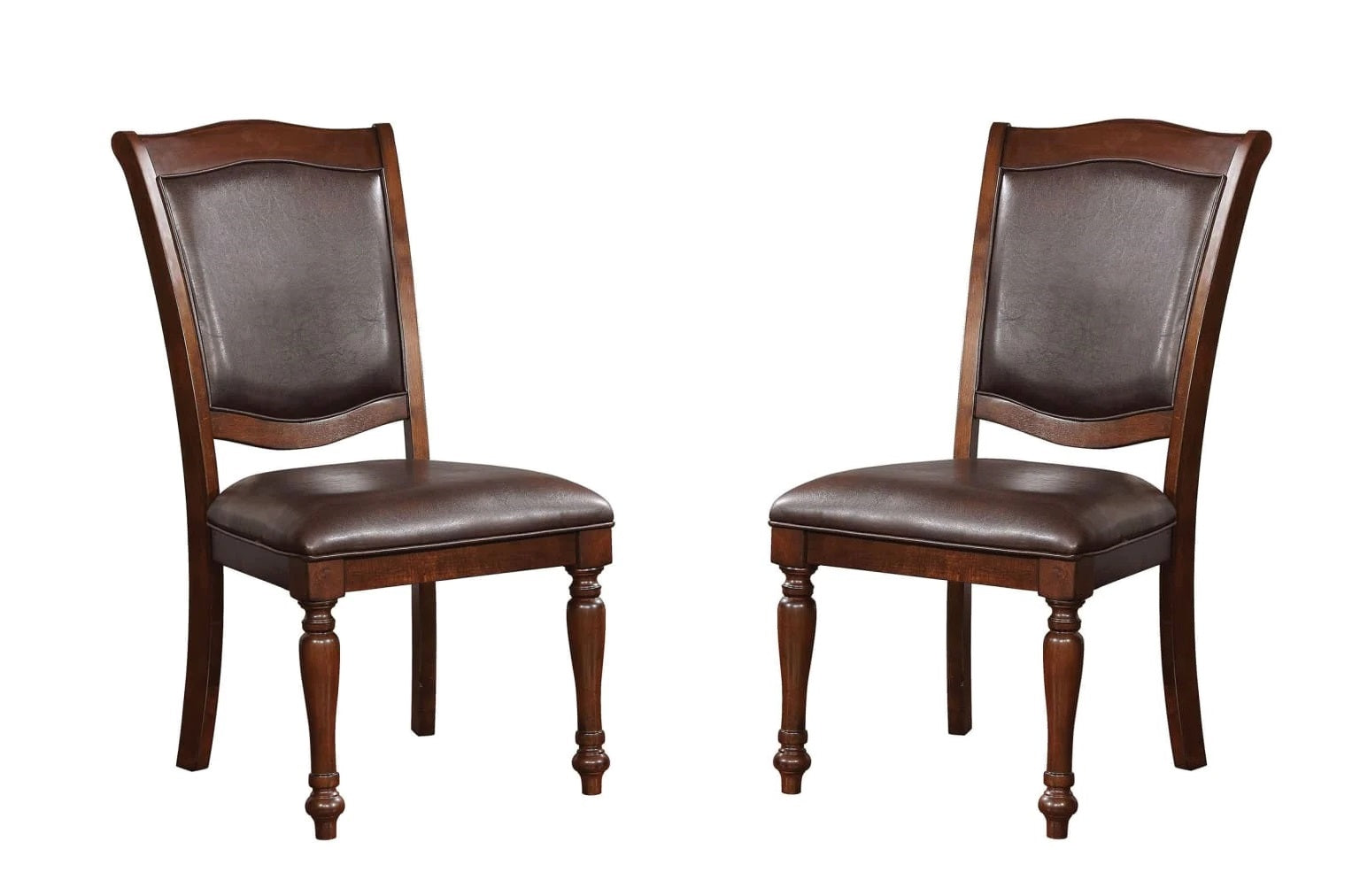 Two dark brown upholstered dining chairs with wooden frames