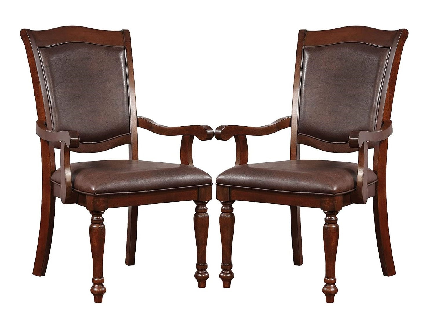 Dark brown leather dining chairs with turned legs and carved wood frames