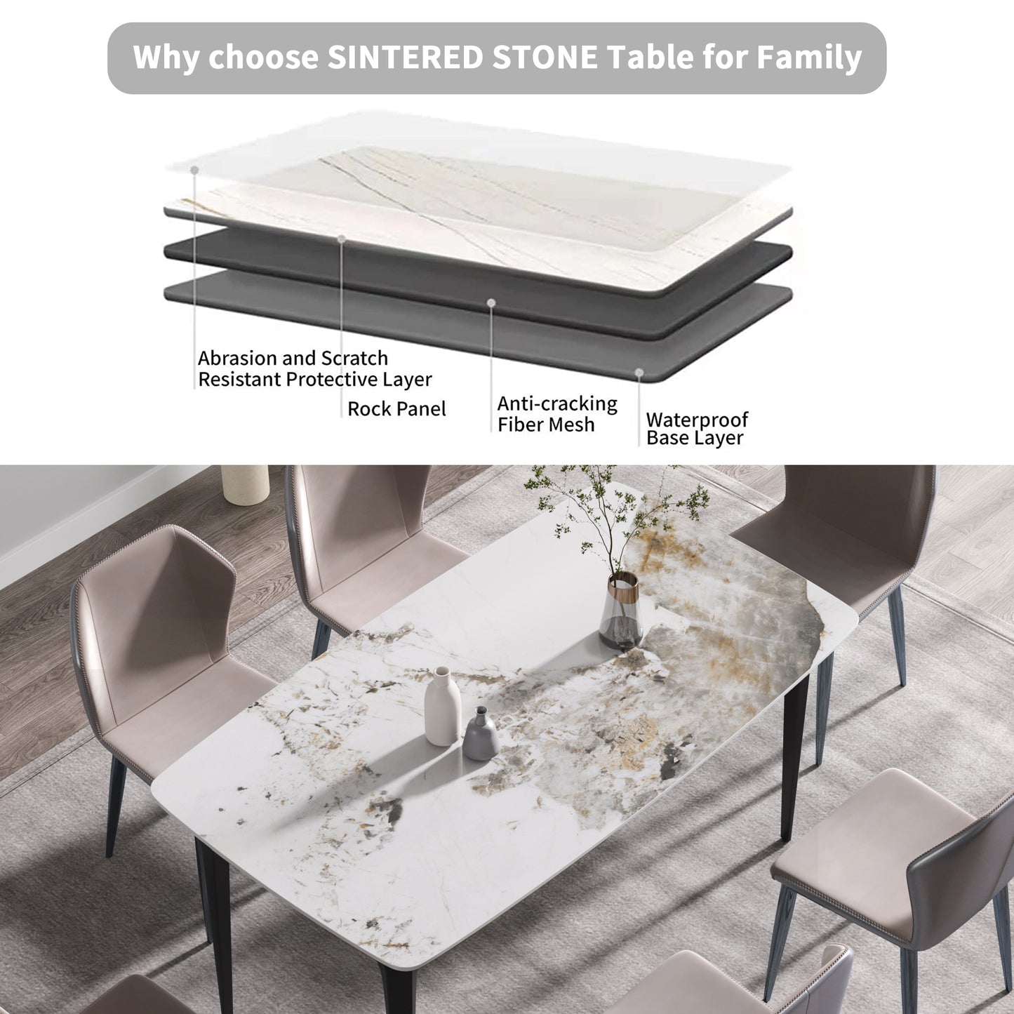 Modern sintered stone dining table with marbled white and gold surface