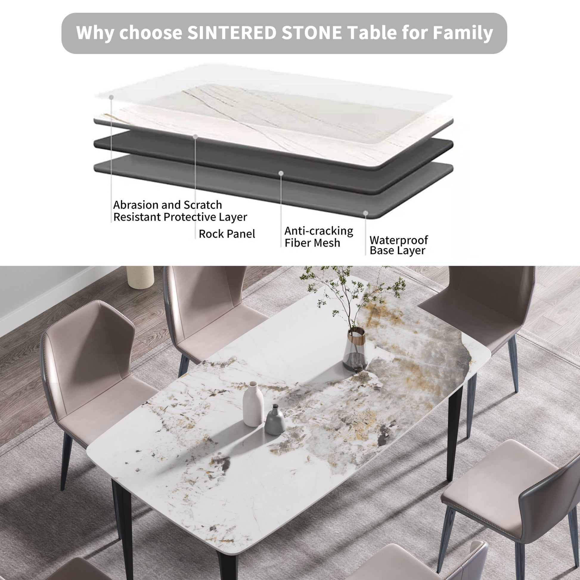 Modern sintered stone dining table with marbled white and gold surface