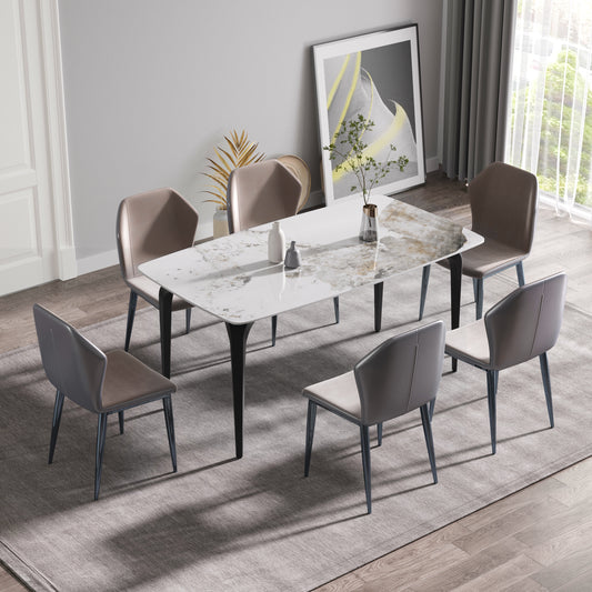 Modern rectangular dining table with marblelook ceramic top and dark legs