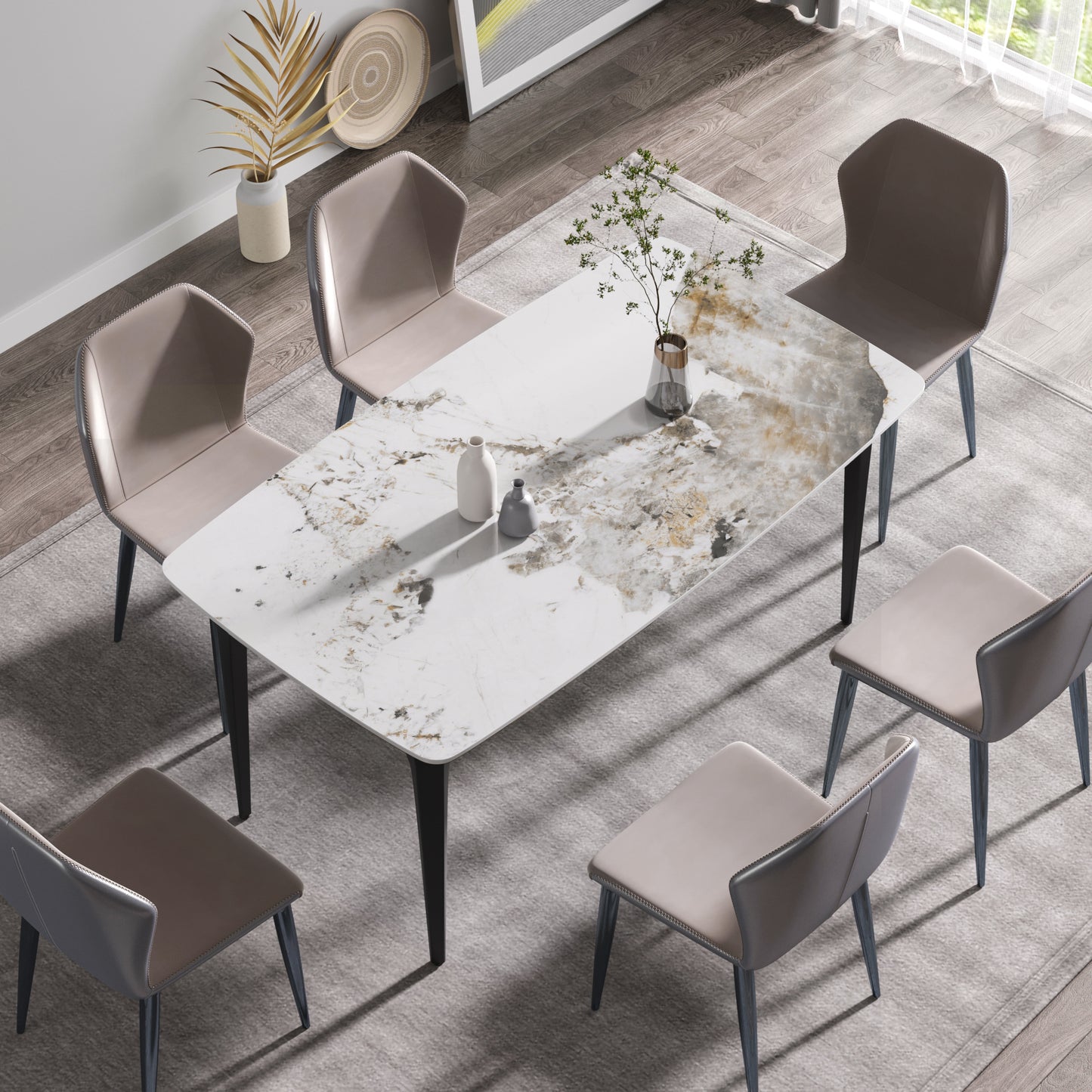 Modern dining set white marblelook table with grey leather chairs
