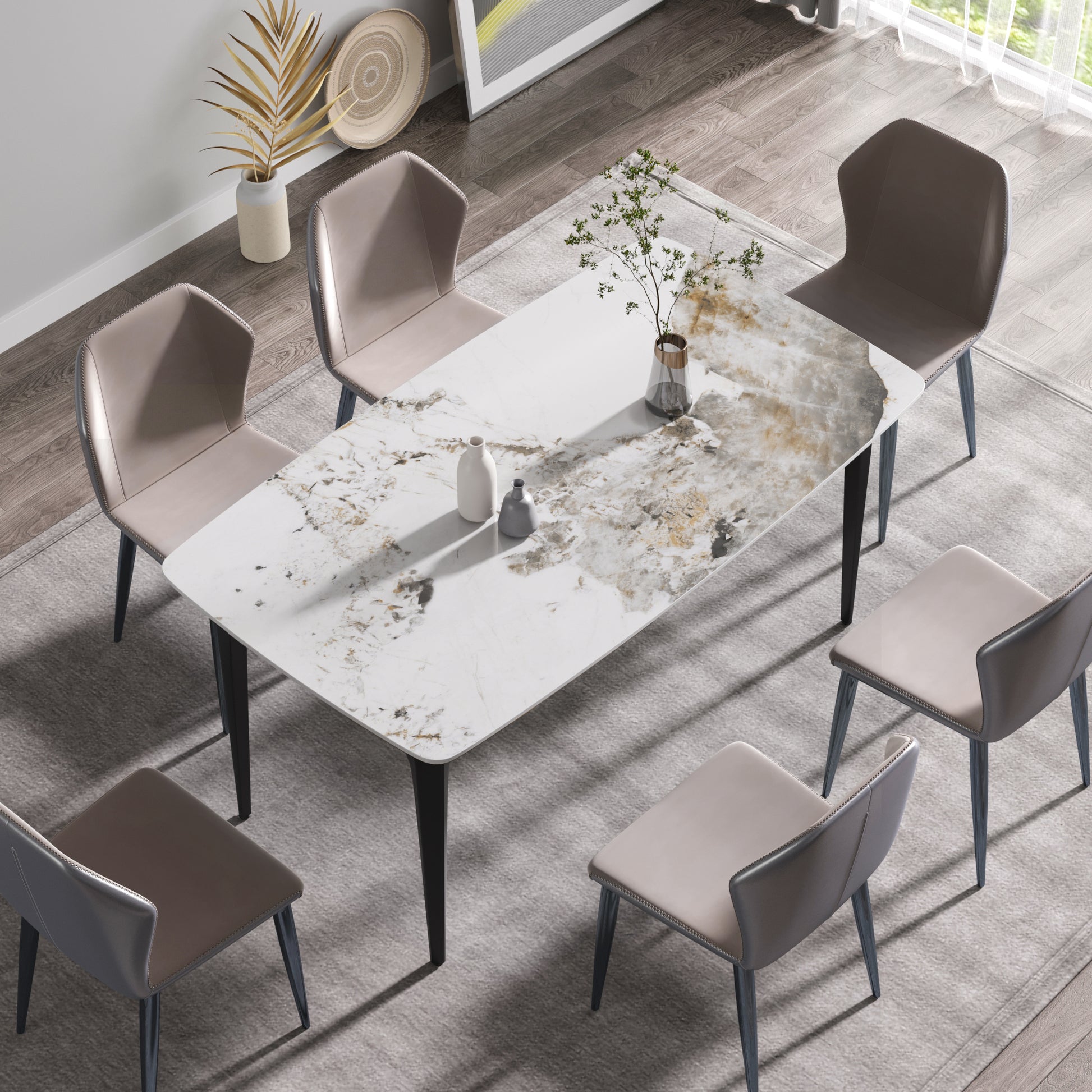 Modern dining set white marblelook table with grey leather chairs