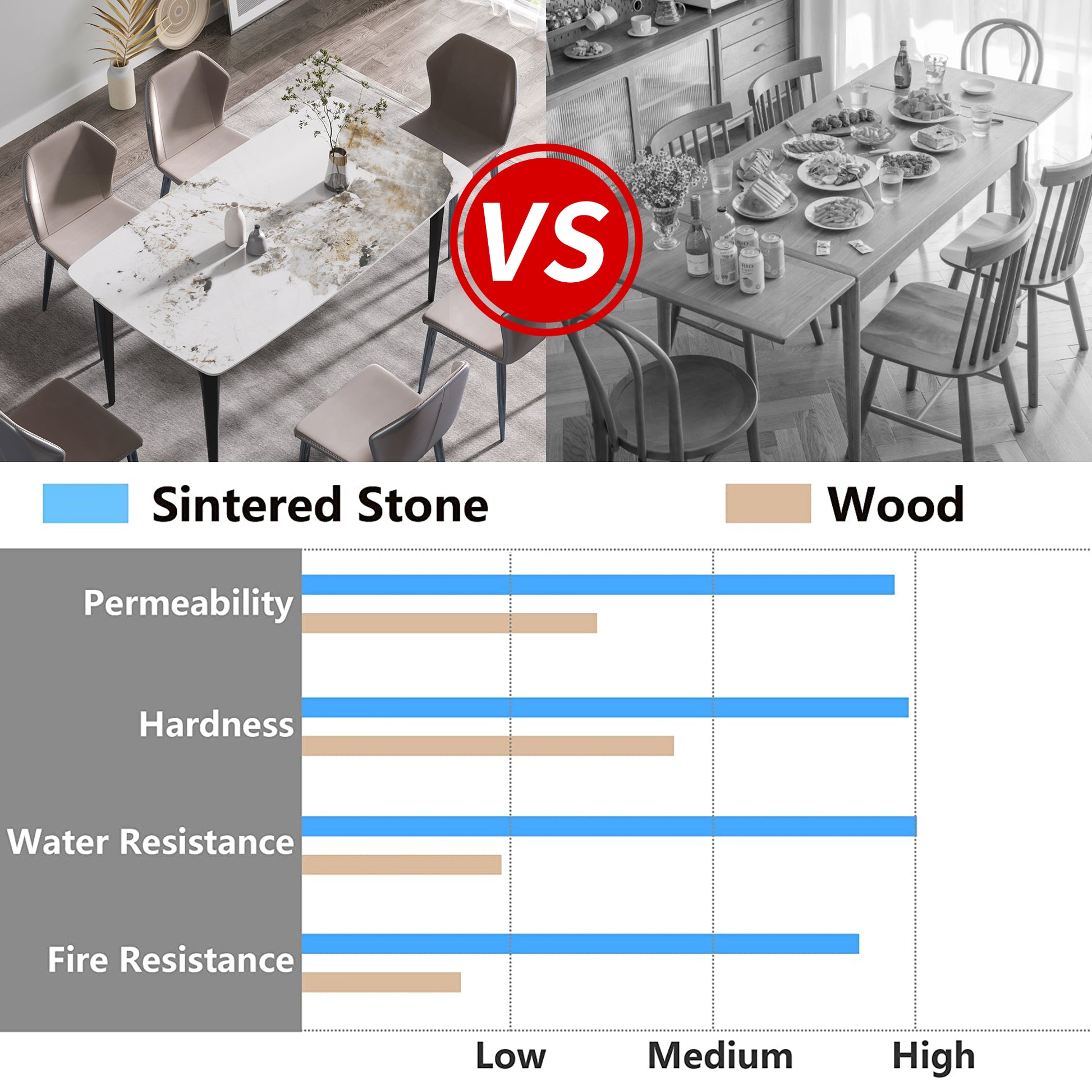 Sintered stone dining table with marblelike veining and upholstered chairs