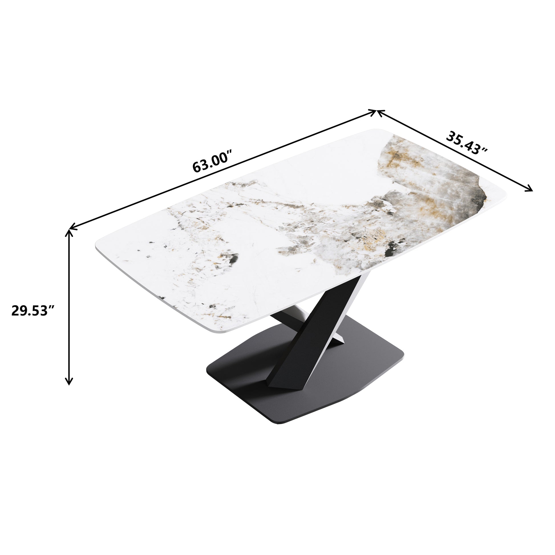 Rectangular dining table with white marblelook ceramic top and black metal pedestal base