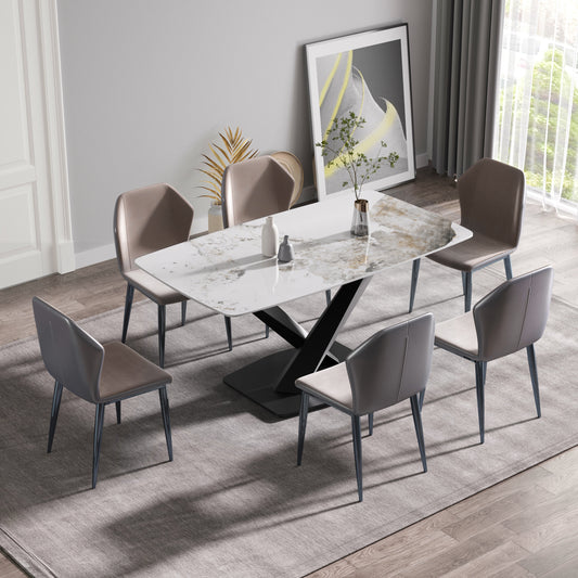 Modern dining table with faux marble top and chrome pedestal base