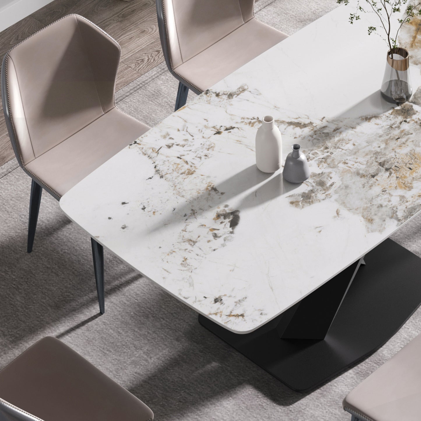 Modern marble dining table with minimalist design and sleek black base