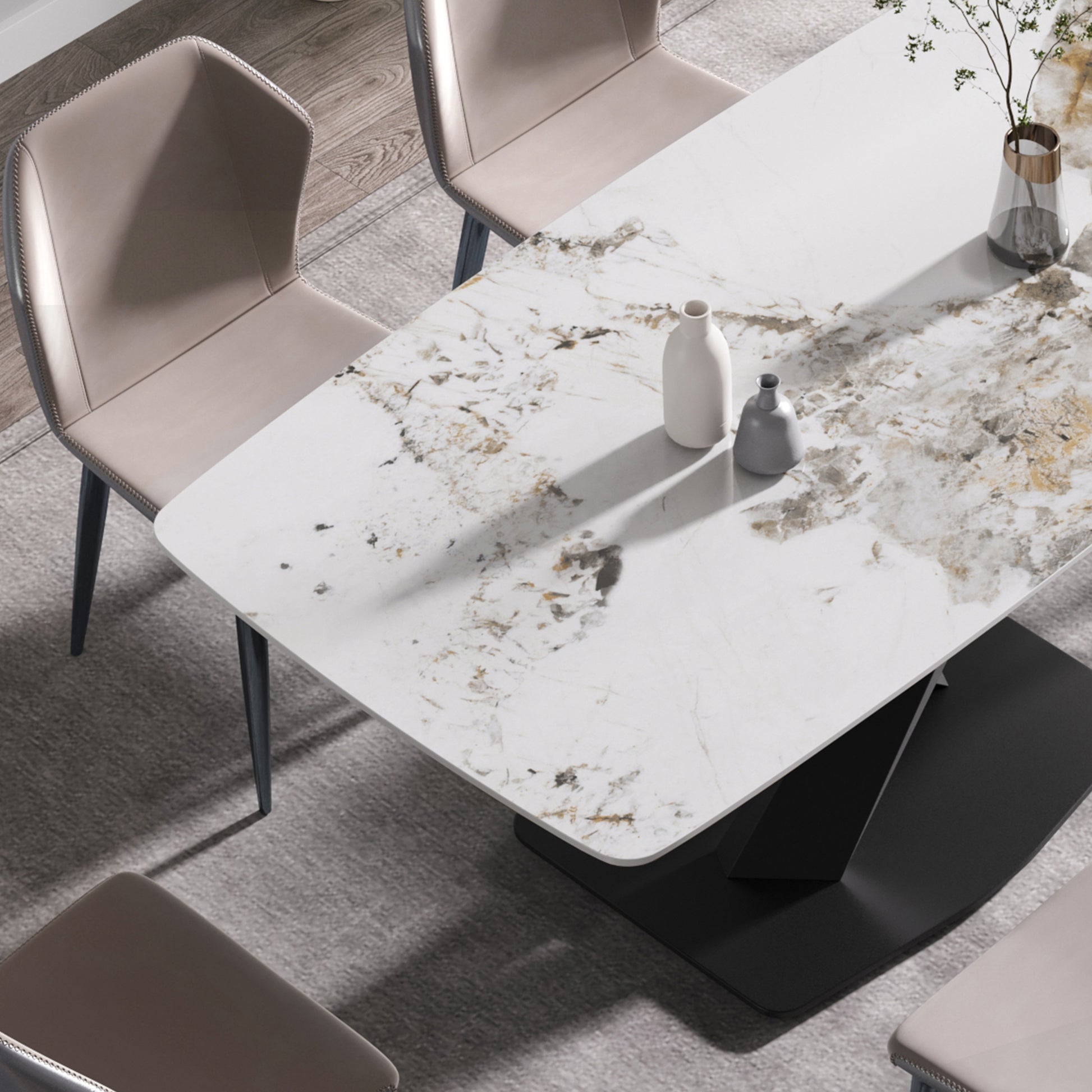 Modern marble dining table with minimalist design and sleek black base