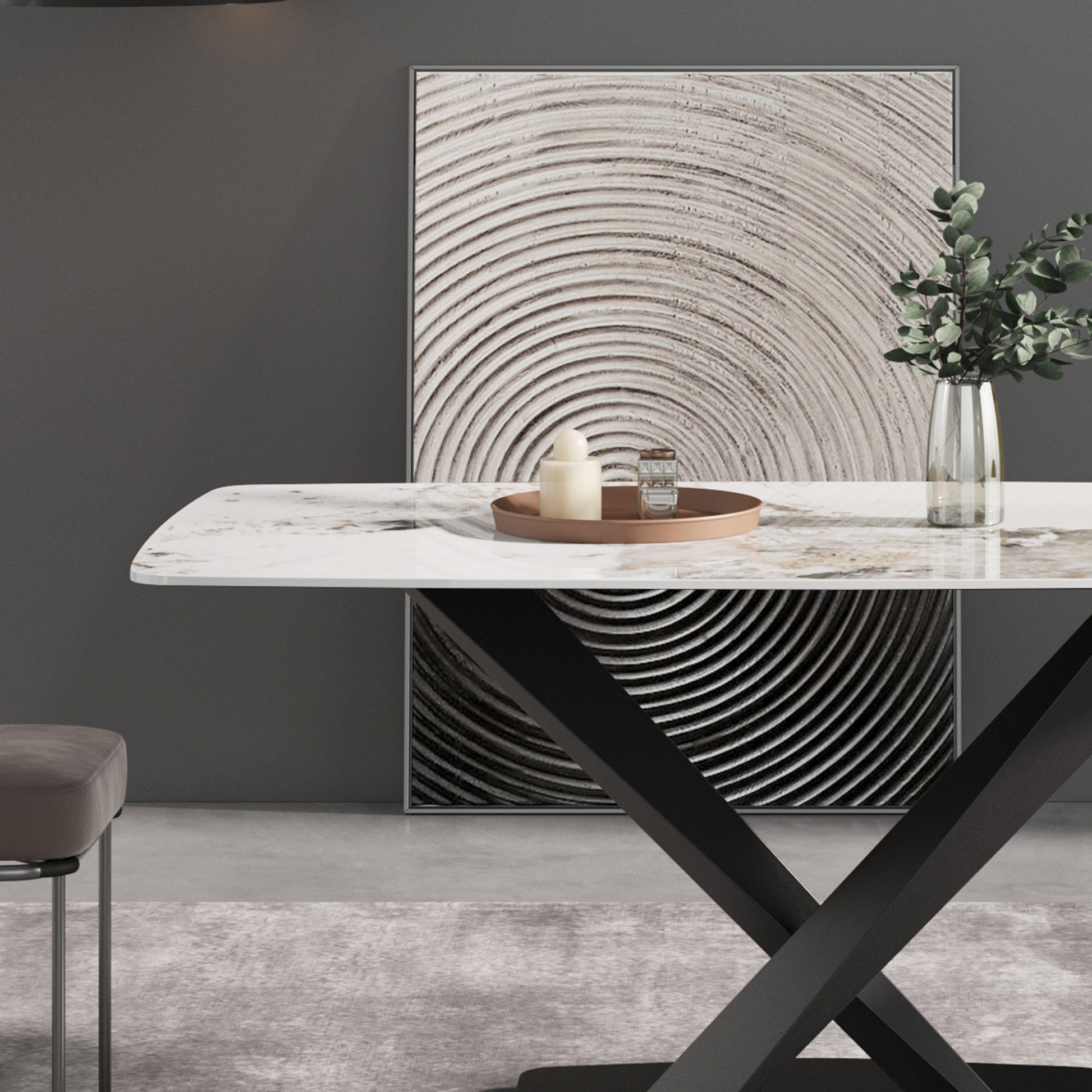 Modern marble dining table with black xbase legs