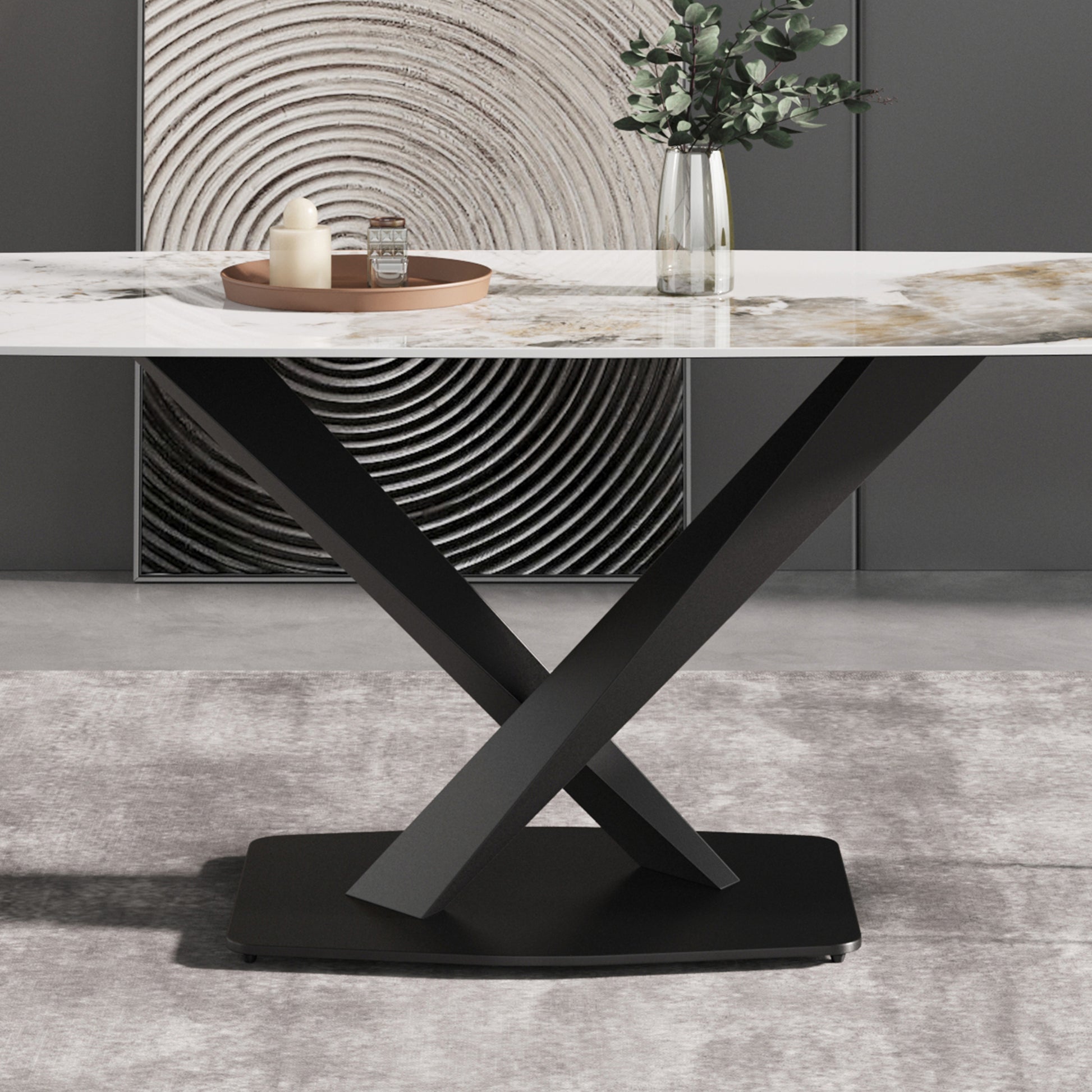 Modern dining table with white marble top and matte black Xshaped pedestal base