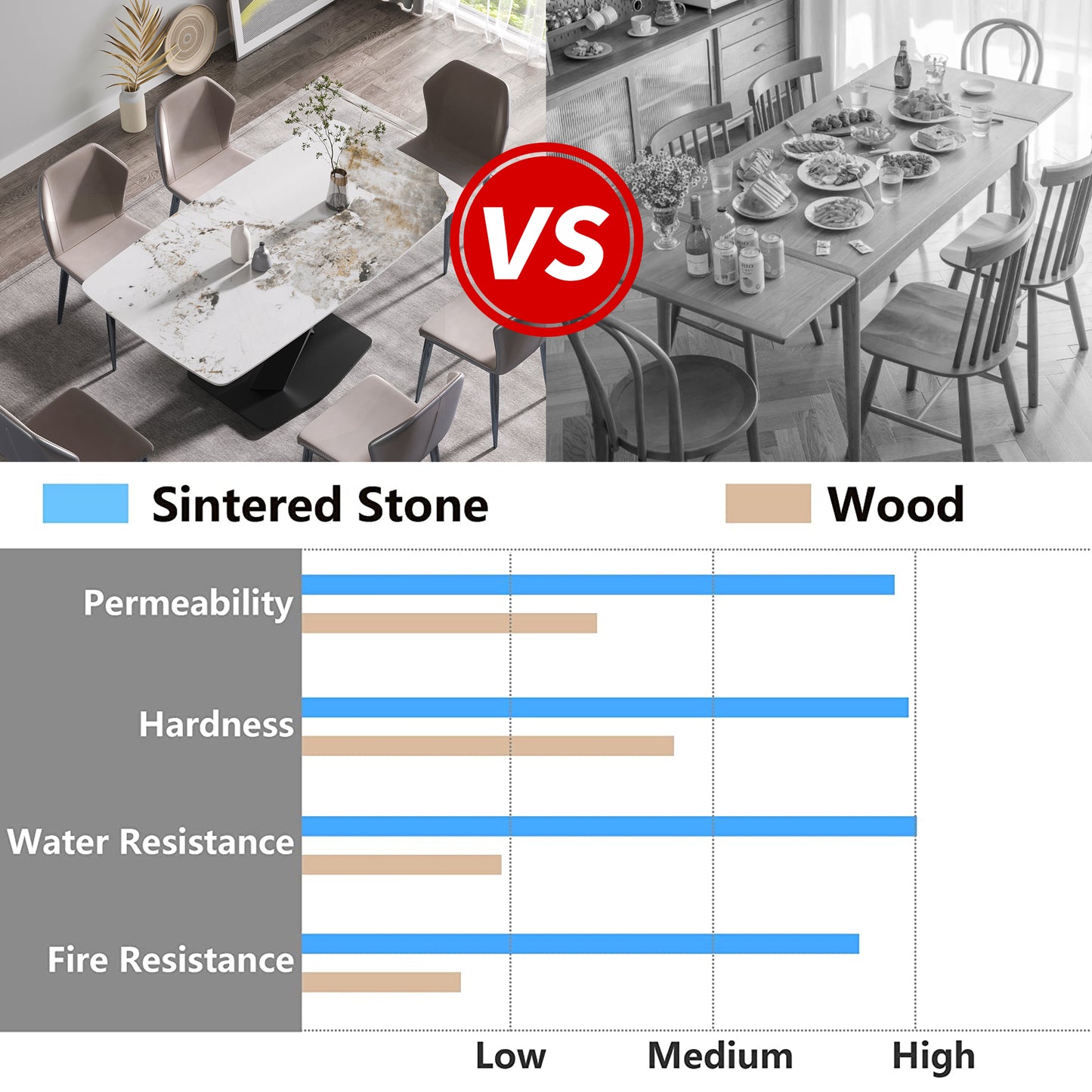 Sintered stone dining table with veining detail and modern chairs