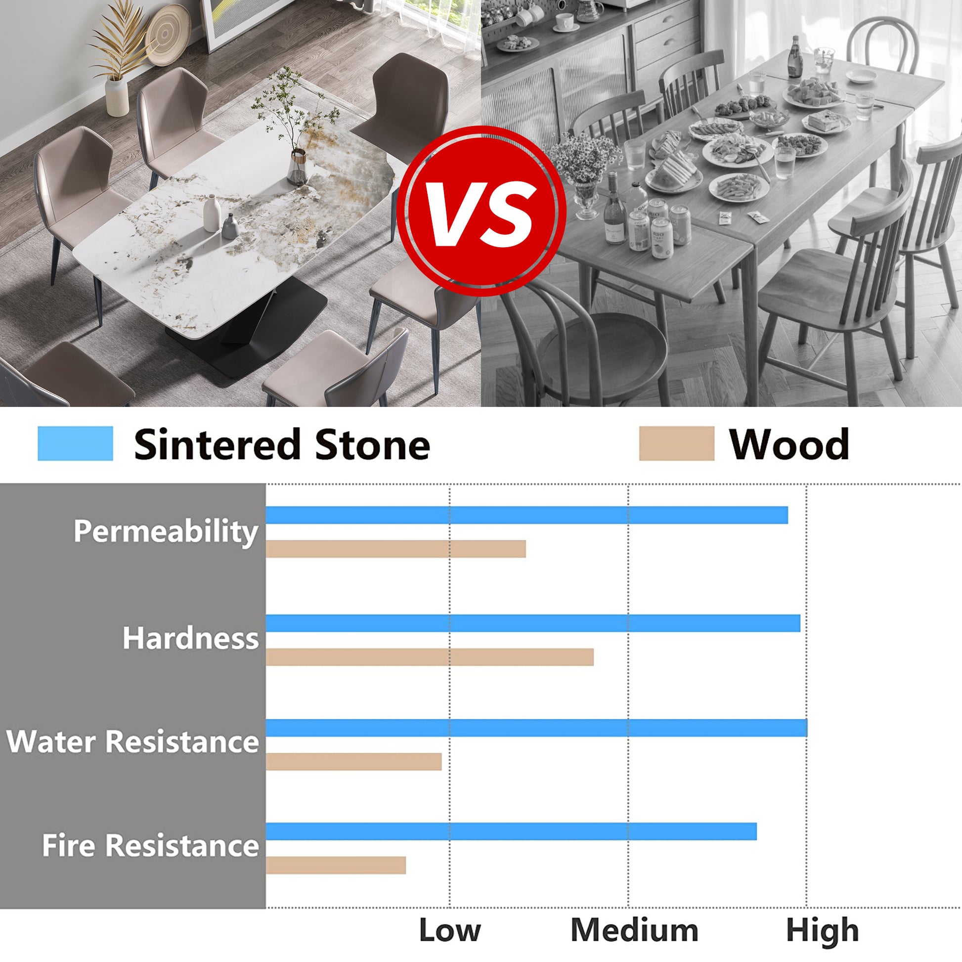 Sintered stone dining table with veining detail and modern chairs