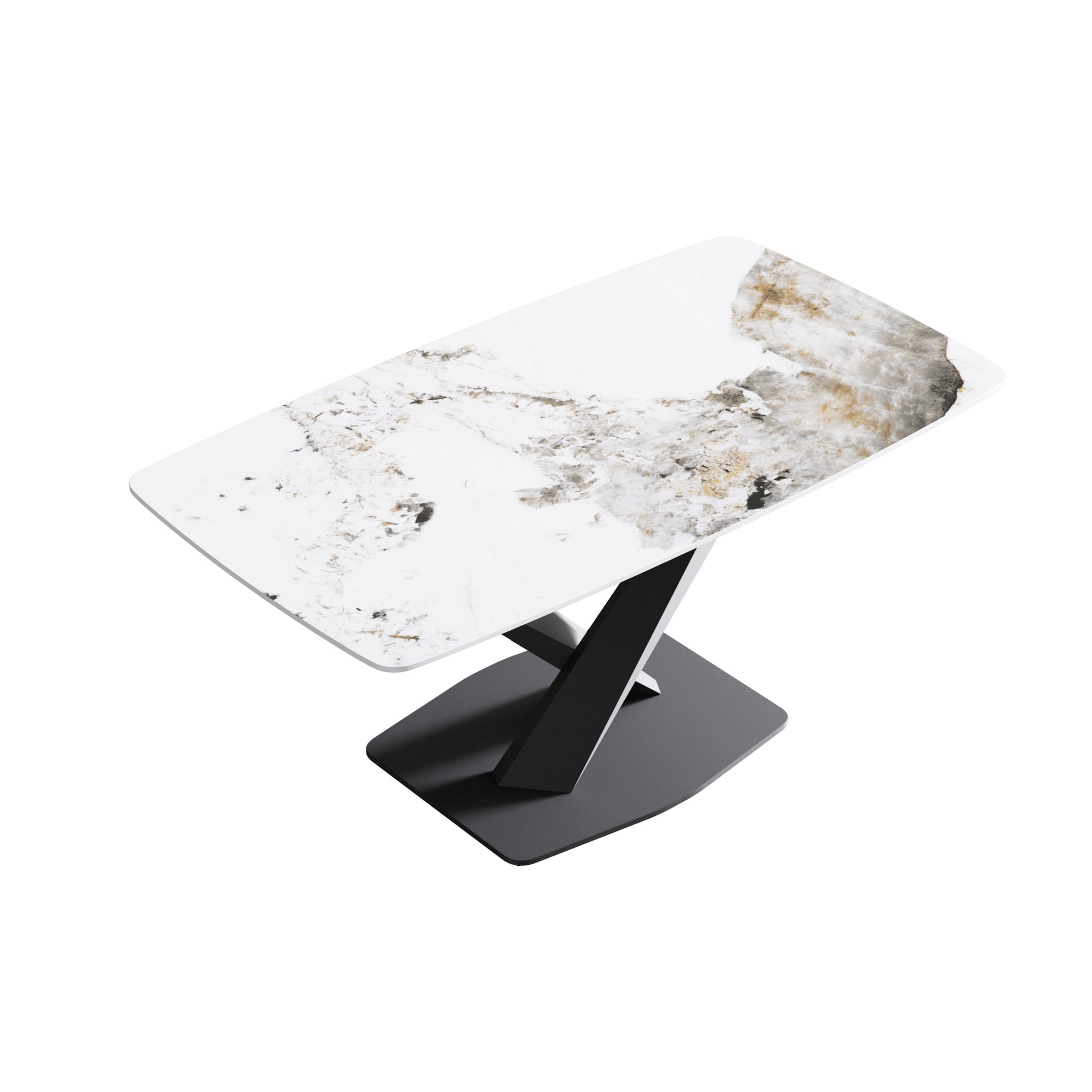 Modern dining table with white marble top and black pedestal base