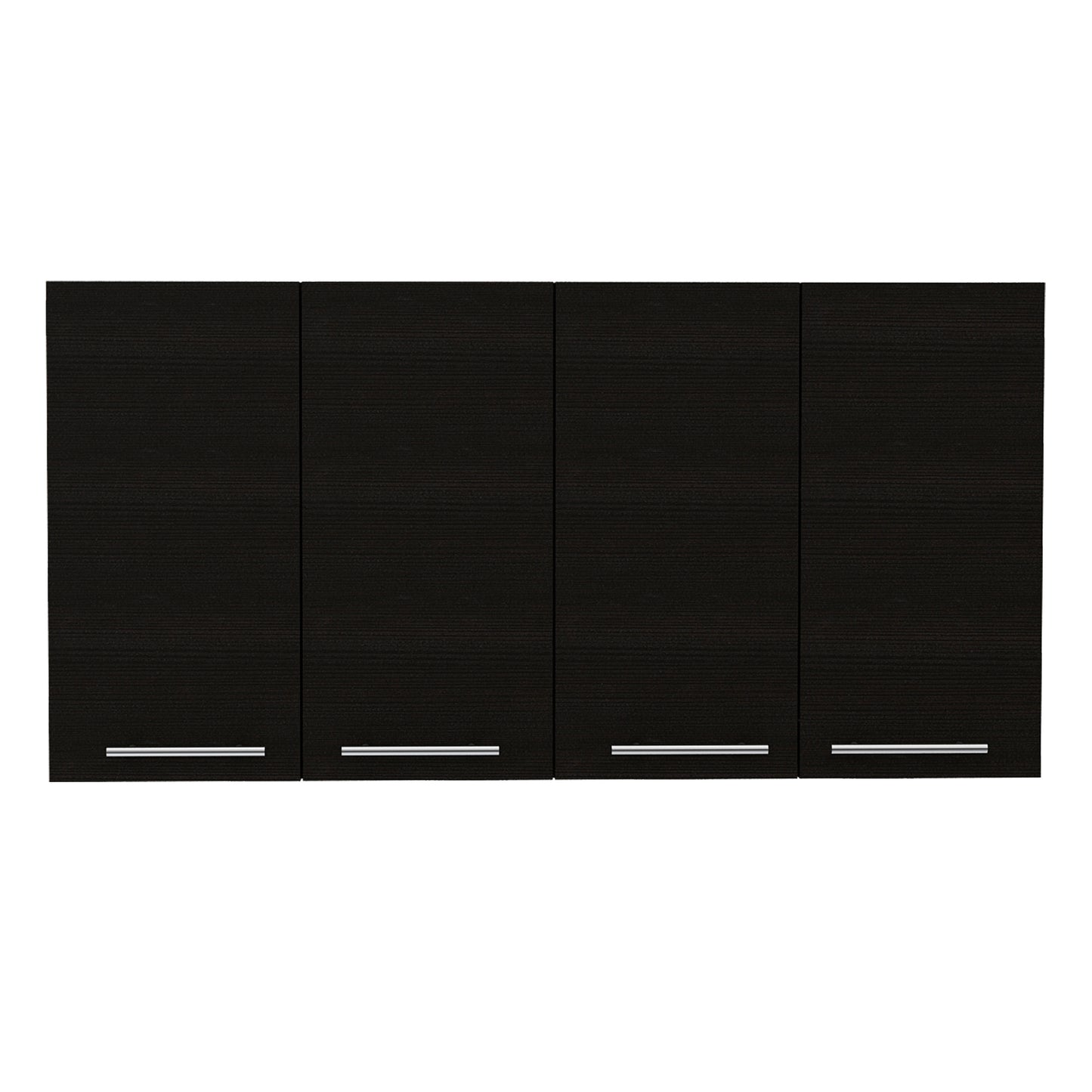 Four dark brown wooden wall cabinets with silver handles