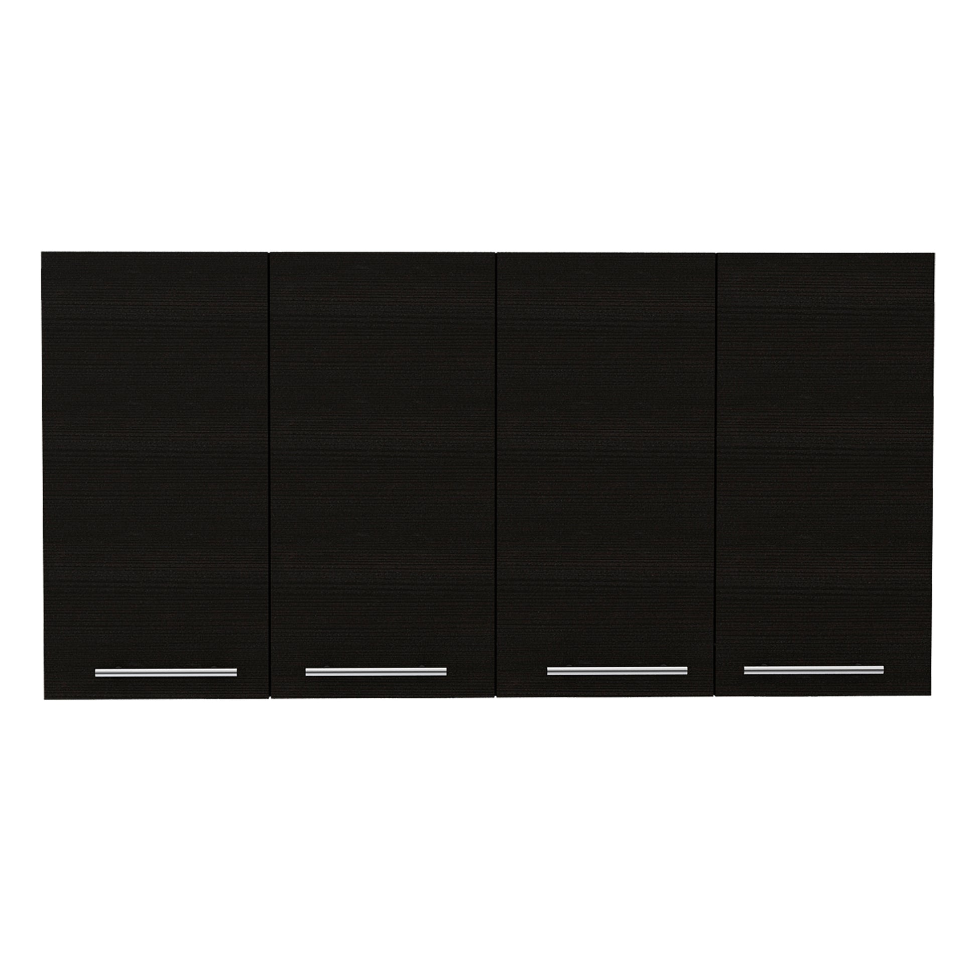 Four dark brown wooden wall cabinets with silver handles