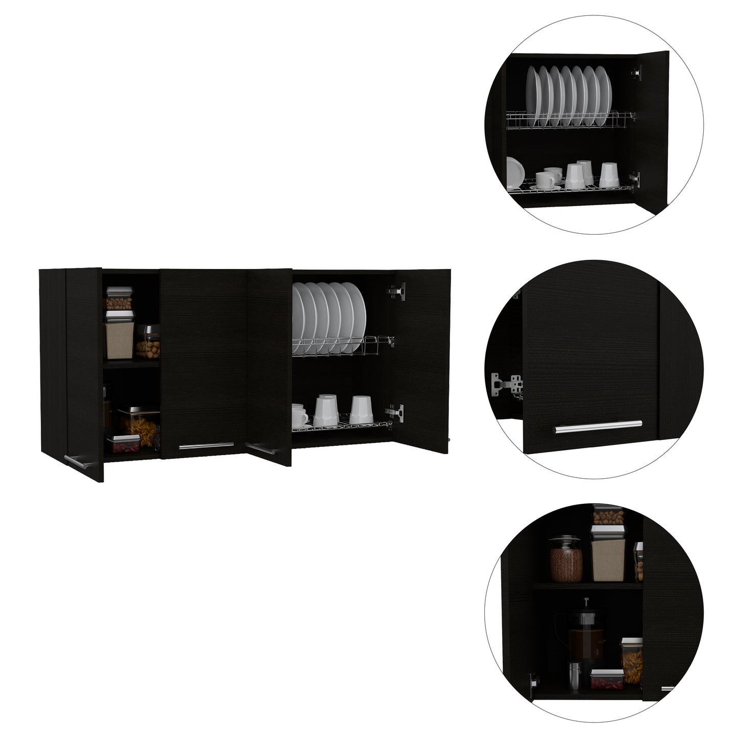 Dark wood kitchen cabinet with plates and cups on racks