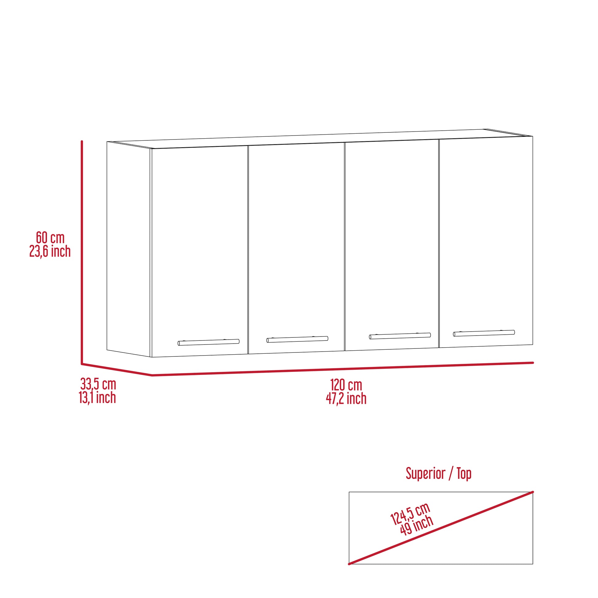 Line drawing of a white fourdoor wall cabinet with dimensions shown cm wide cm high cm deep