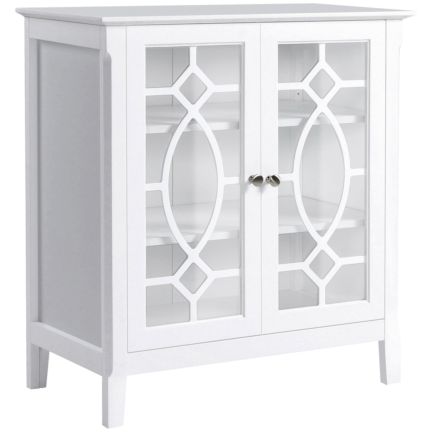 White accent cabinet with glass doors and geometric lattice