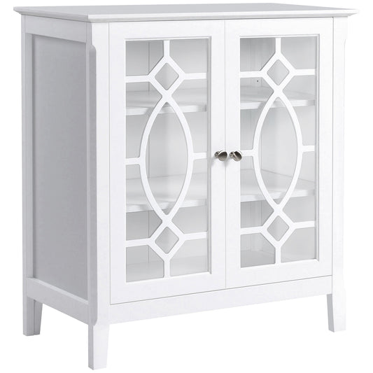 White accent cabinet with glass doors and geometric lattice