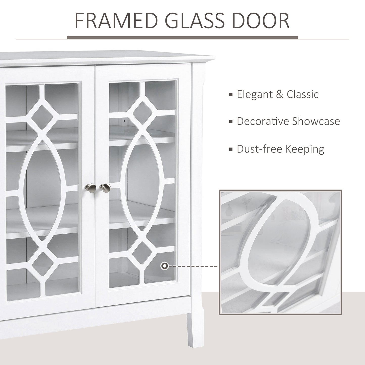White accent cabinet with geometric patterned glass doors