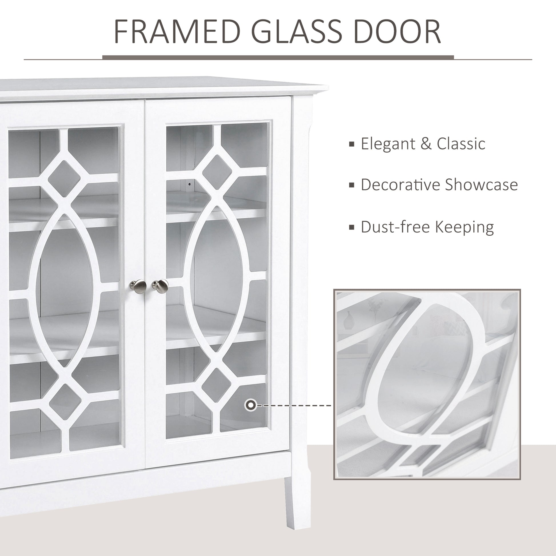 White accent cabinet with geometric patterned glass doors
