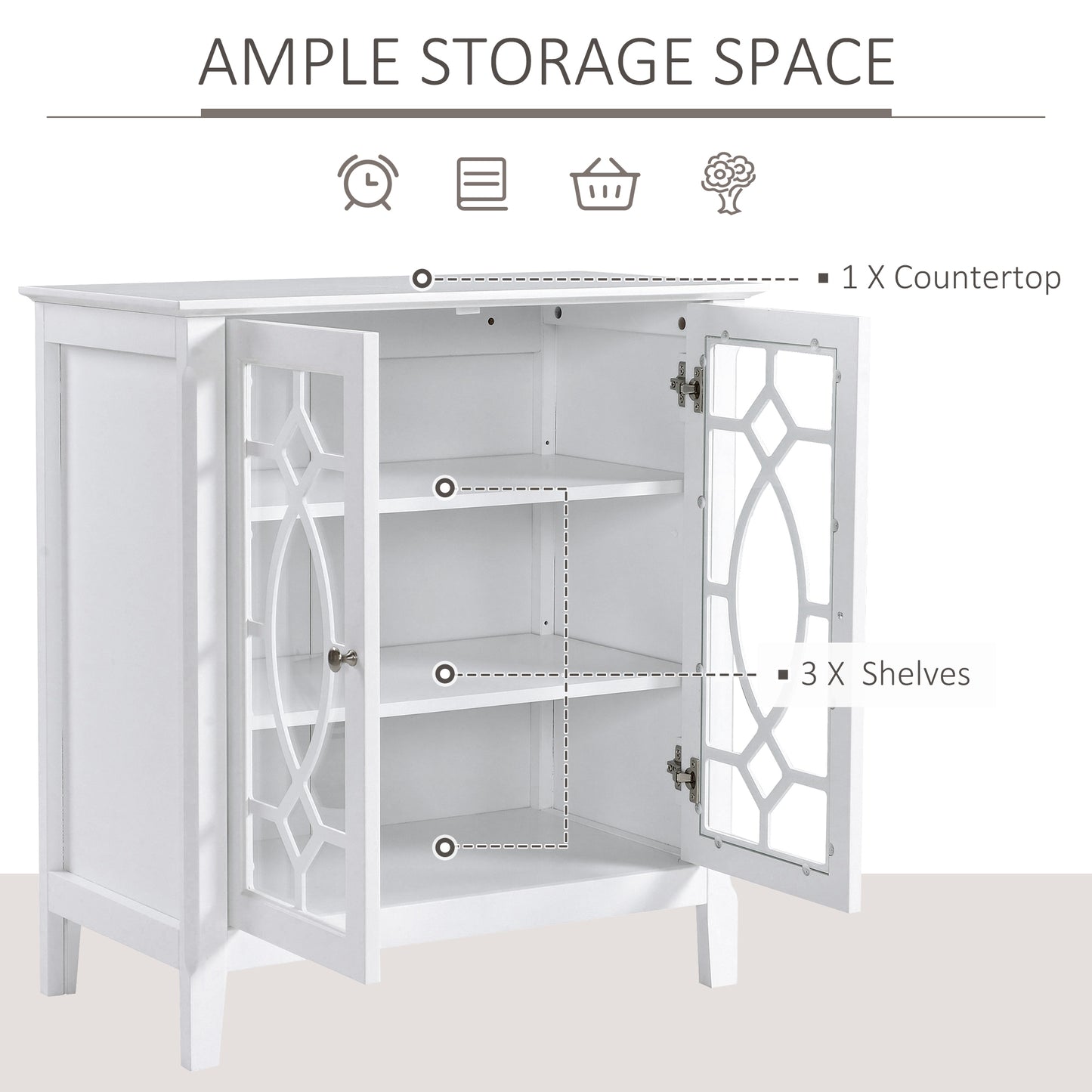 White accent cabinet with glass doors and geometric inlay