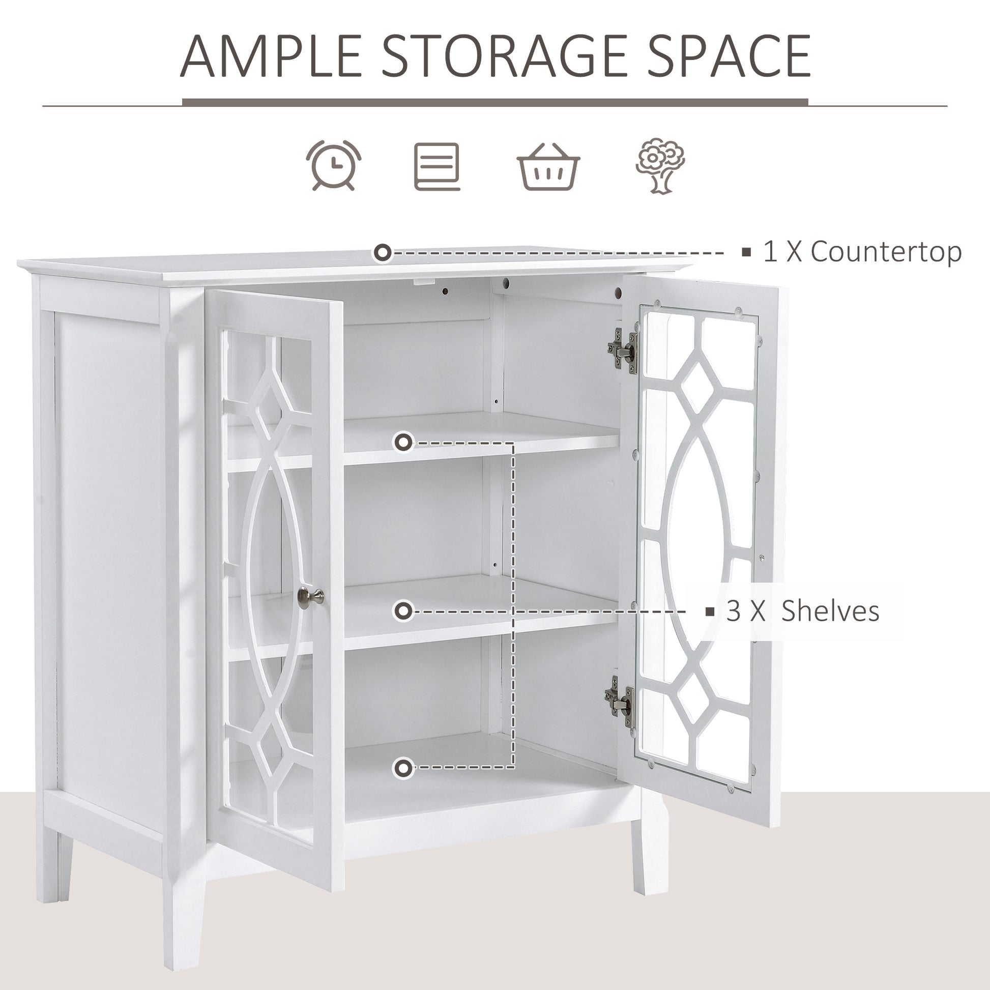 White accent cabinet with glass doors and geometric inlay