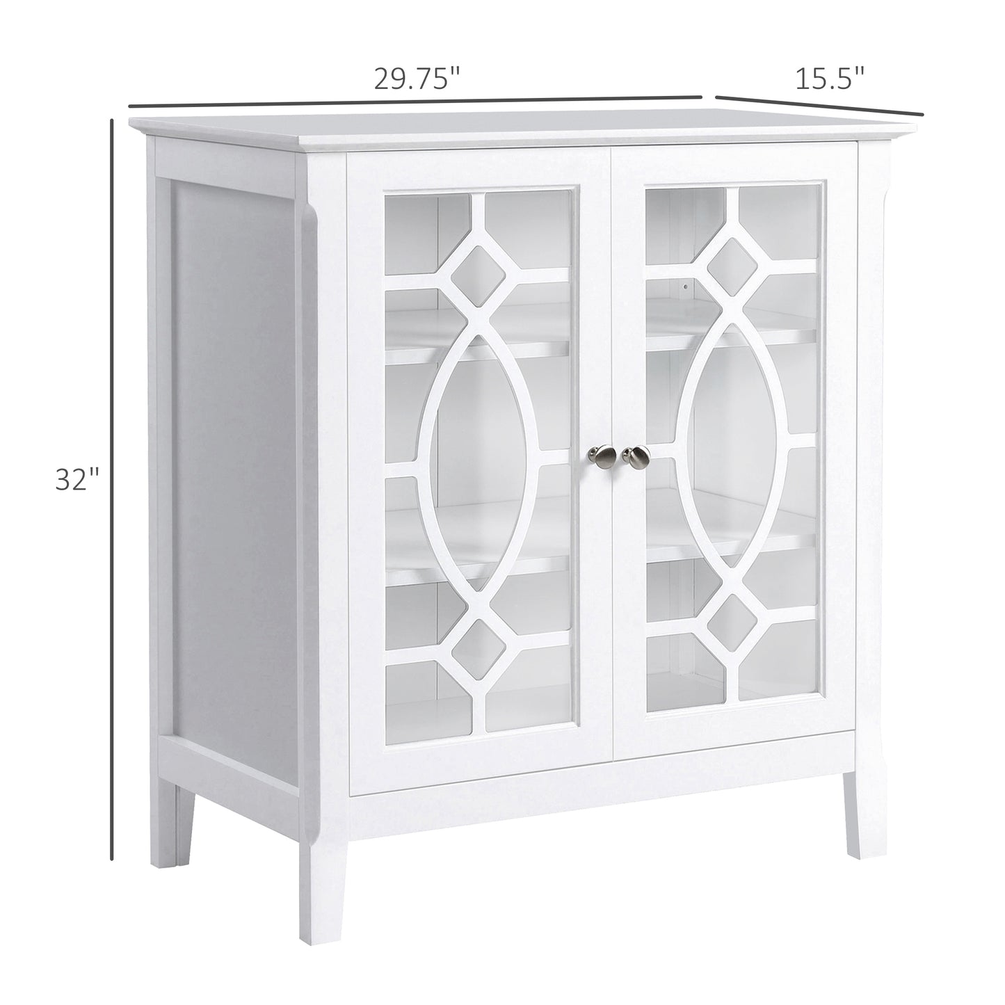 White accent cabinet with geometric glass doors