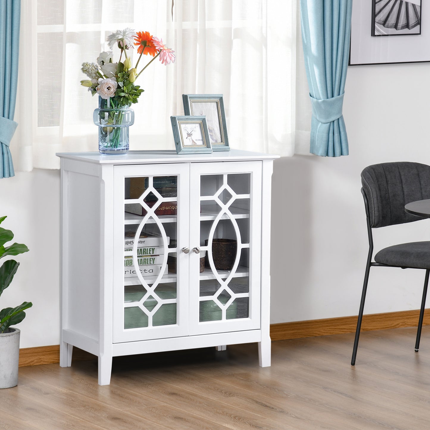 White accent cabinet with glass doors and decorative geometric overlays