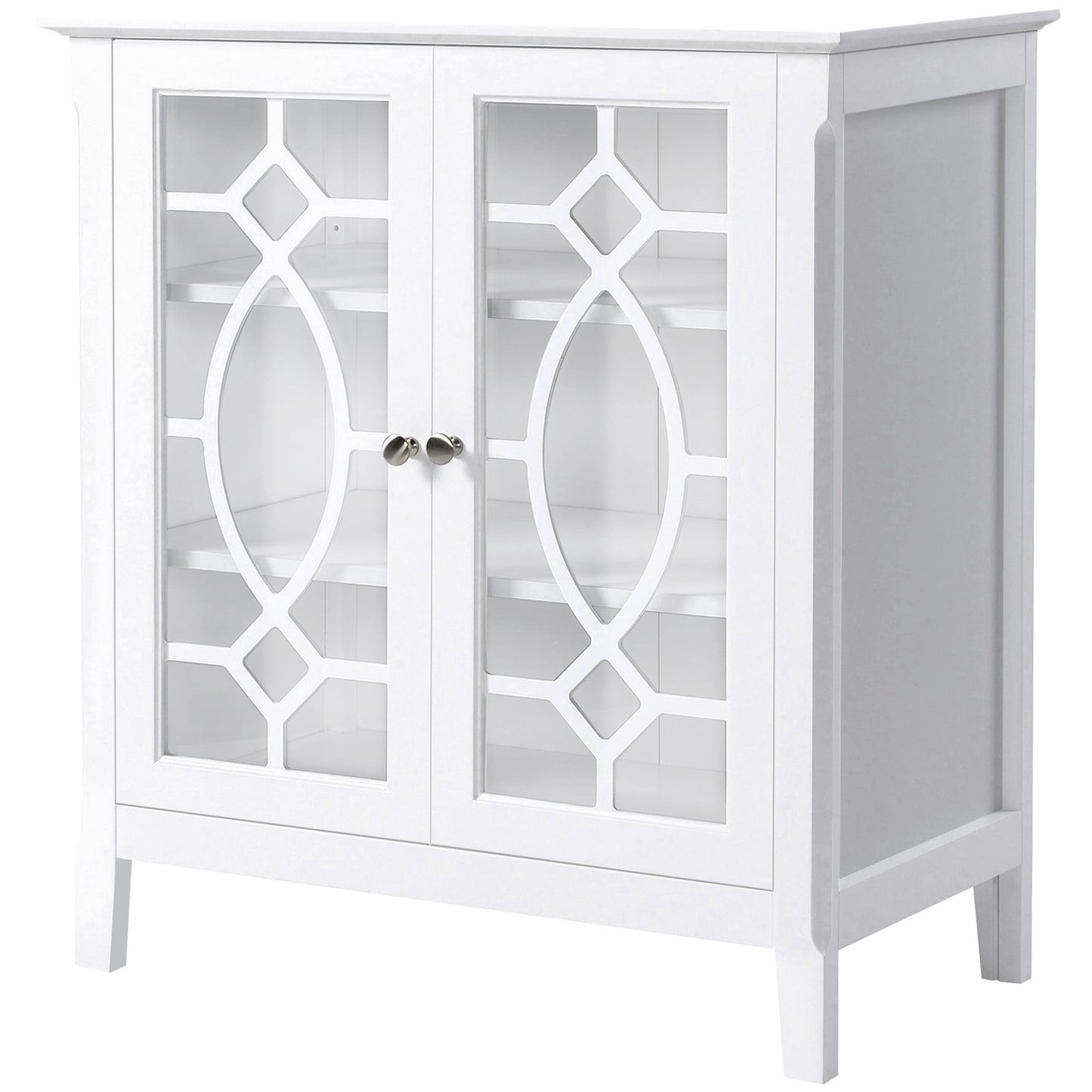 White accent cabinet with glass doors and geometric paneling