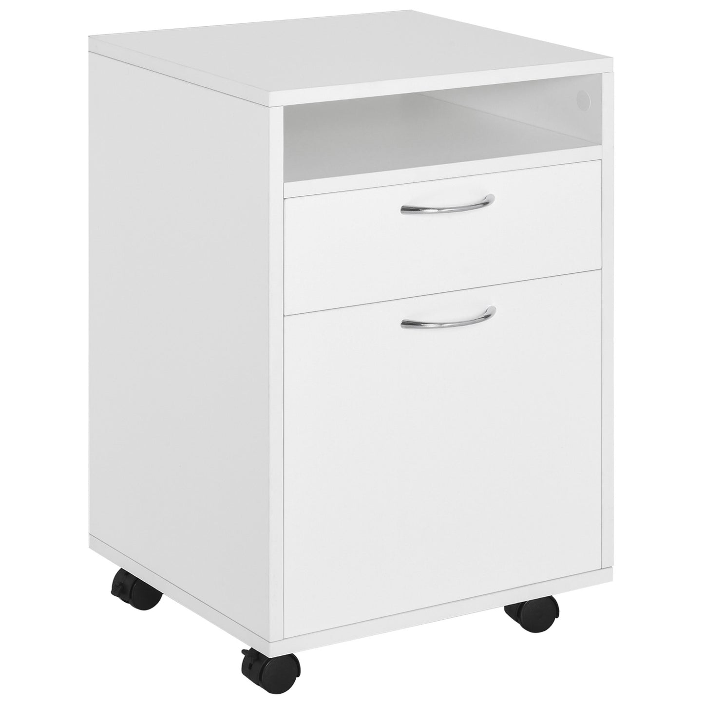 White rolling filing cabinet with two drawers and an open shelf