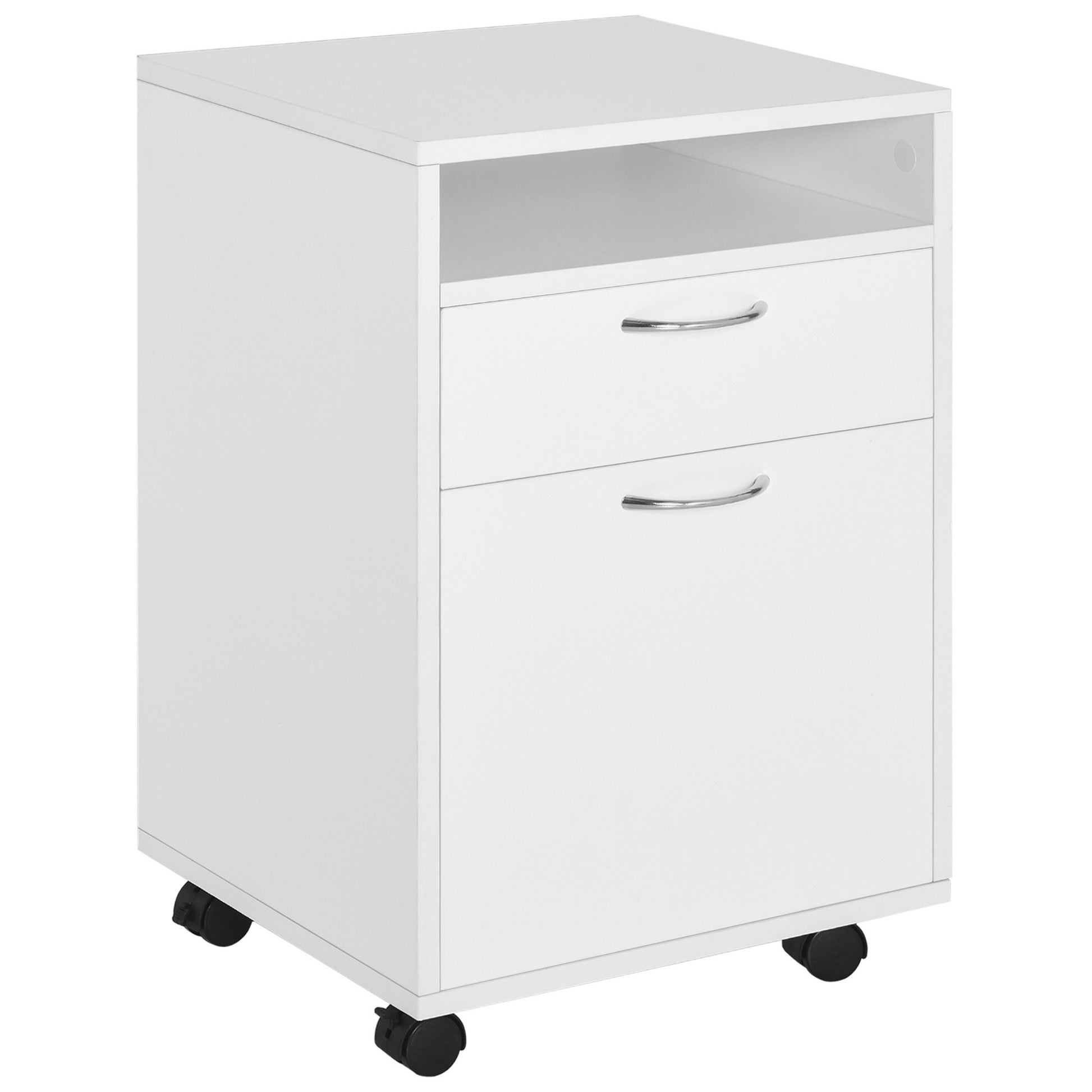 White rolling filing cabinet with two drawers and an open shelf