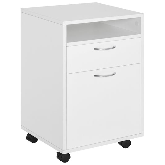 White rolling filing cabinet with two drawers and an open shelf