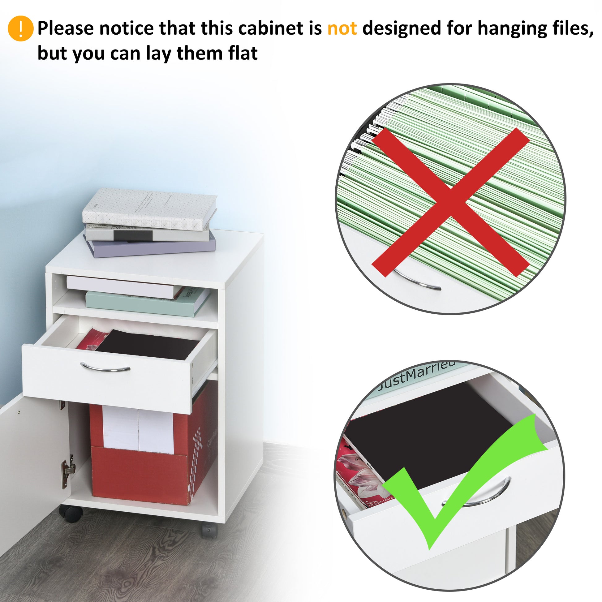 White mobile cabinet with open drawer storing documents