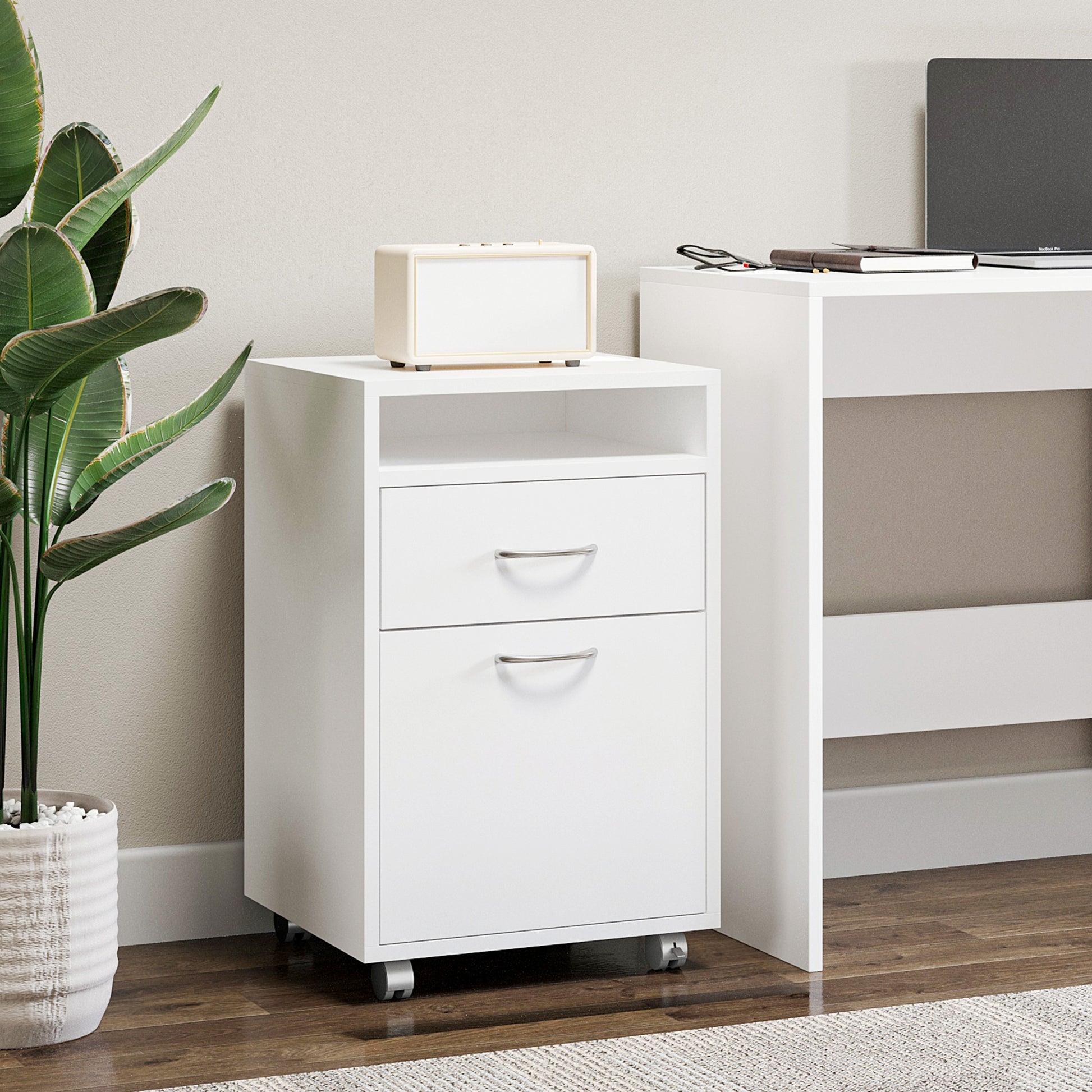 White rolling filing cabinet with two drawers