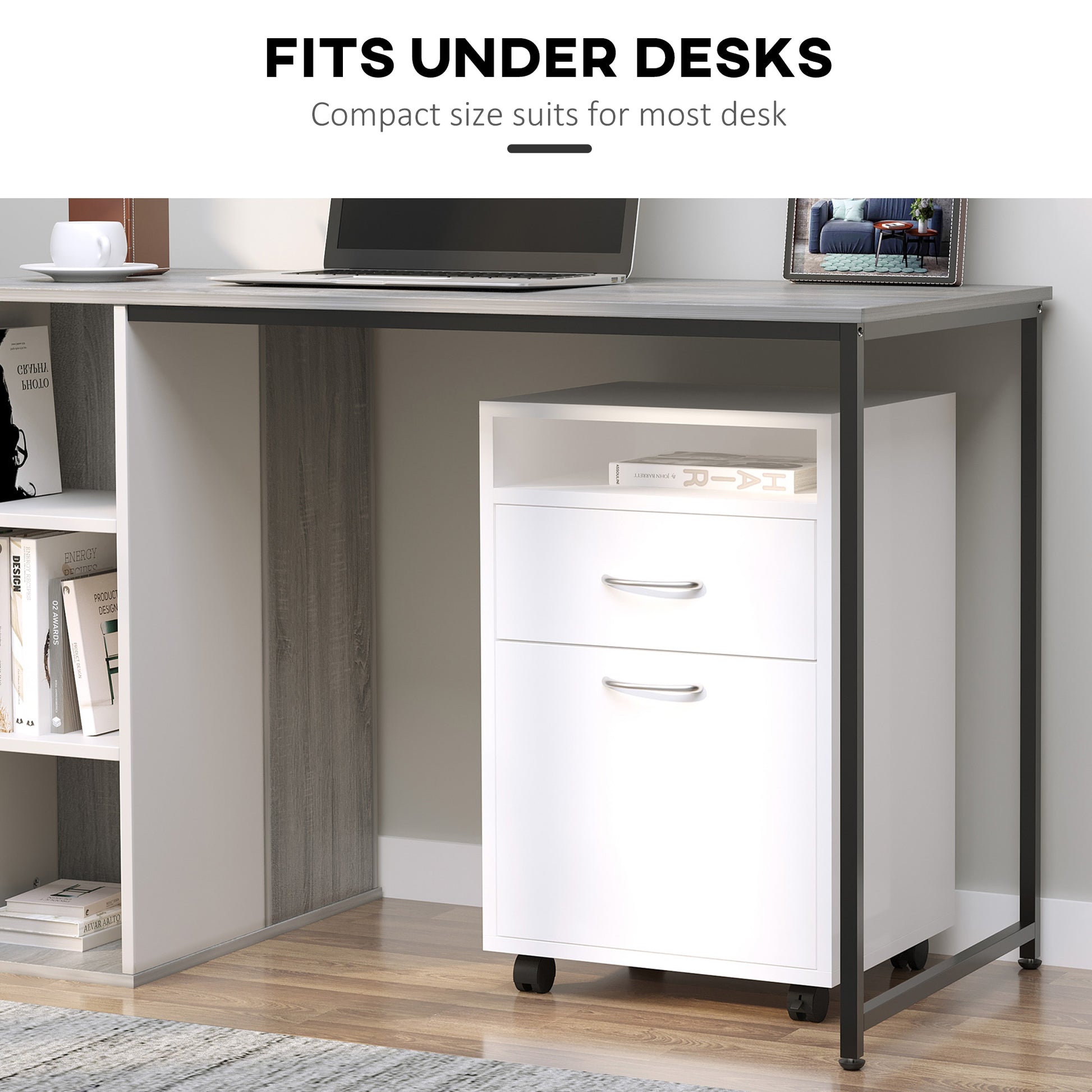 White rolling filing cabinet with two drawers and open top shelf under a desk