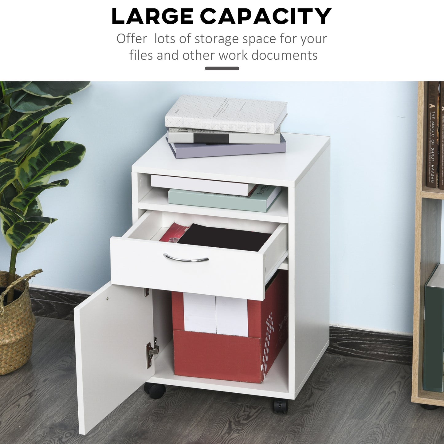 White rolling filing cabinet with open door and drawer