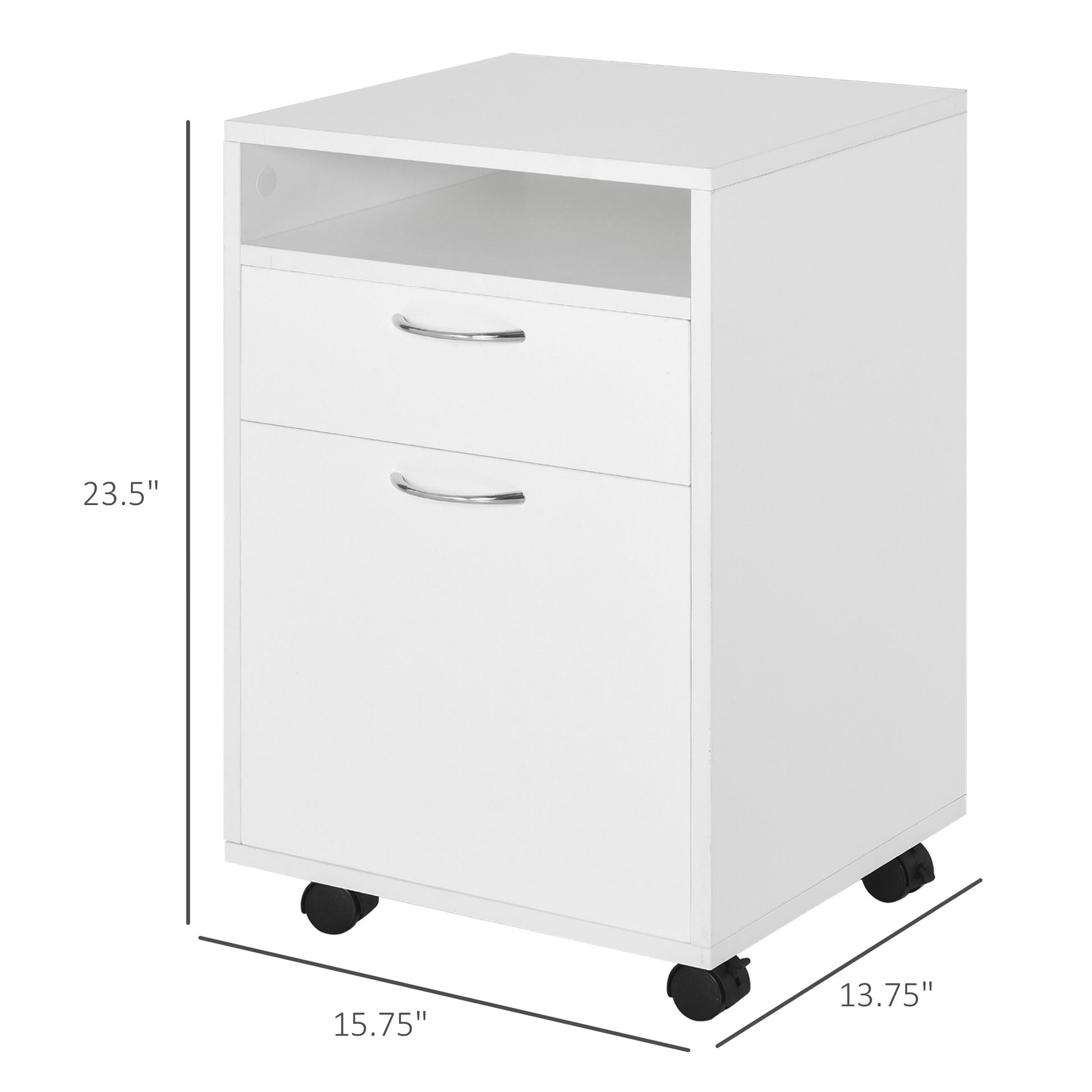 White rolling filing cabinet with two drawers and an open shelf compartment